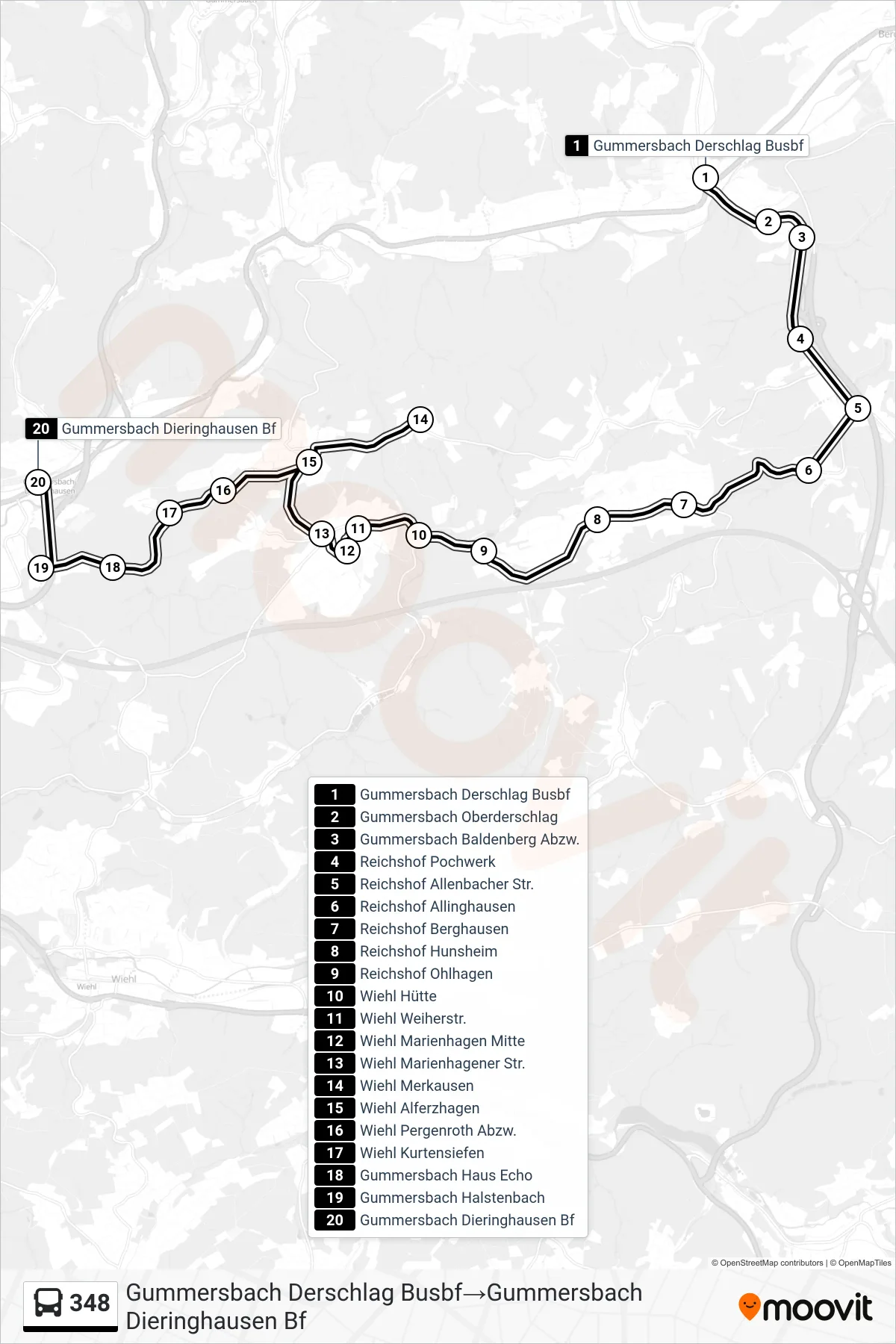 Linie 348 (Bus) Richtung Gummersbach Derschlag Busbf→Gummersbach Dieringhausen Bf: Route und Haltestellen auf der Karte