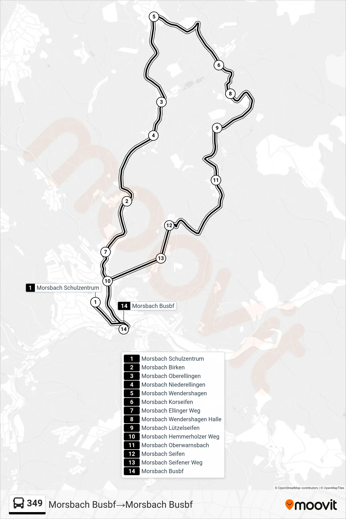 Linie 349 (Bus) Richtung Morsbach Busbf→Morsbach Busbf: Route und Haltestellen auf der Karte