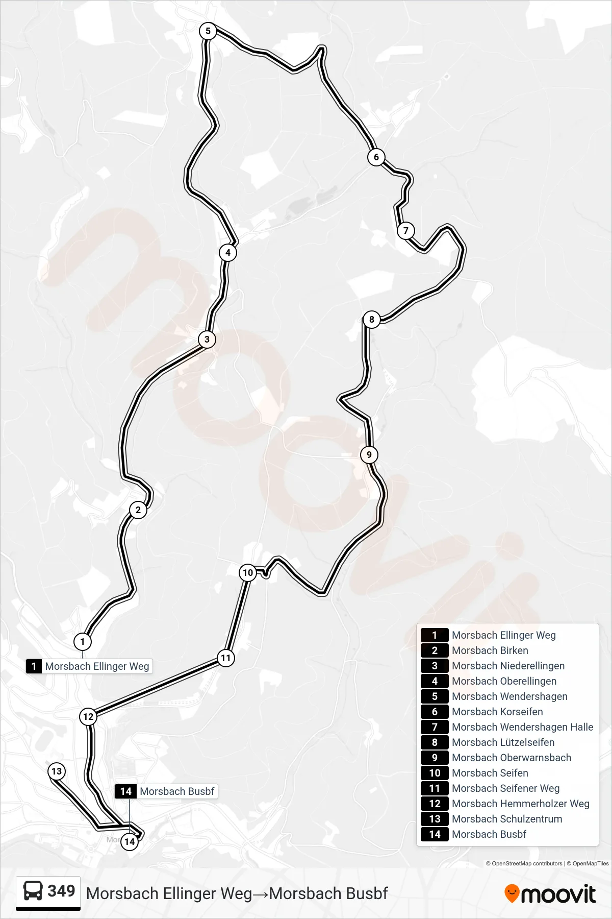 Linie 349 (Bus) Richtung Morsbach Ellinger Weg→Morsbach Busbf: Route und Haltestellen auf der Karte