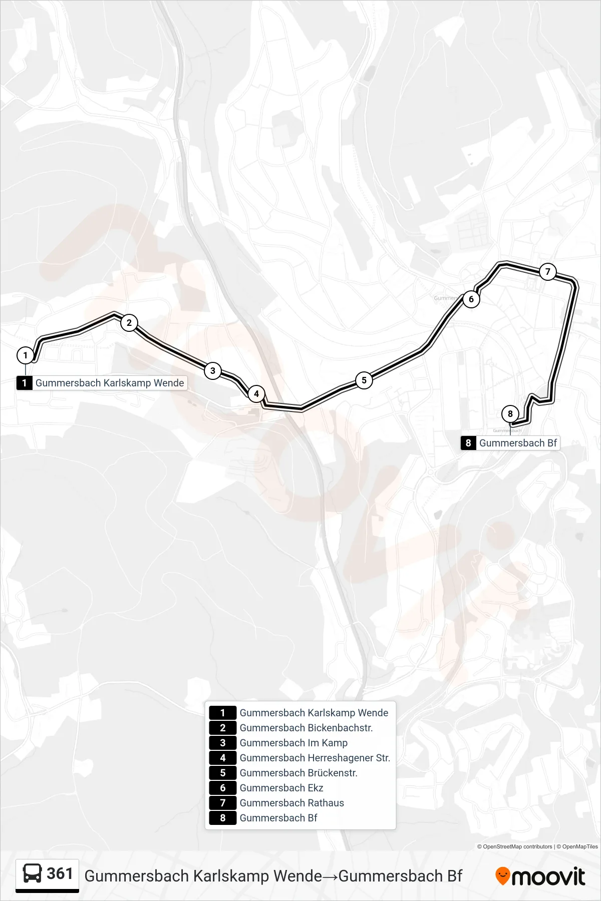 Linie 361 (Bus) Richtung Gummersbach Karlskamp Wende→Gummersbach Bf: Route und Haltestellen auf der Karte