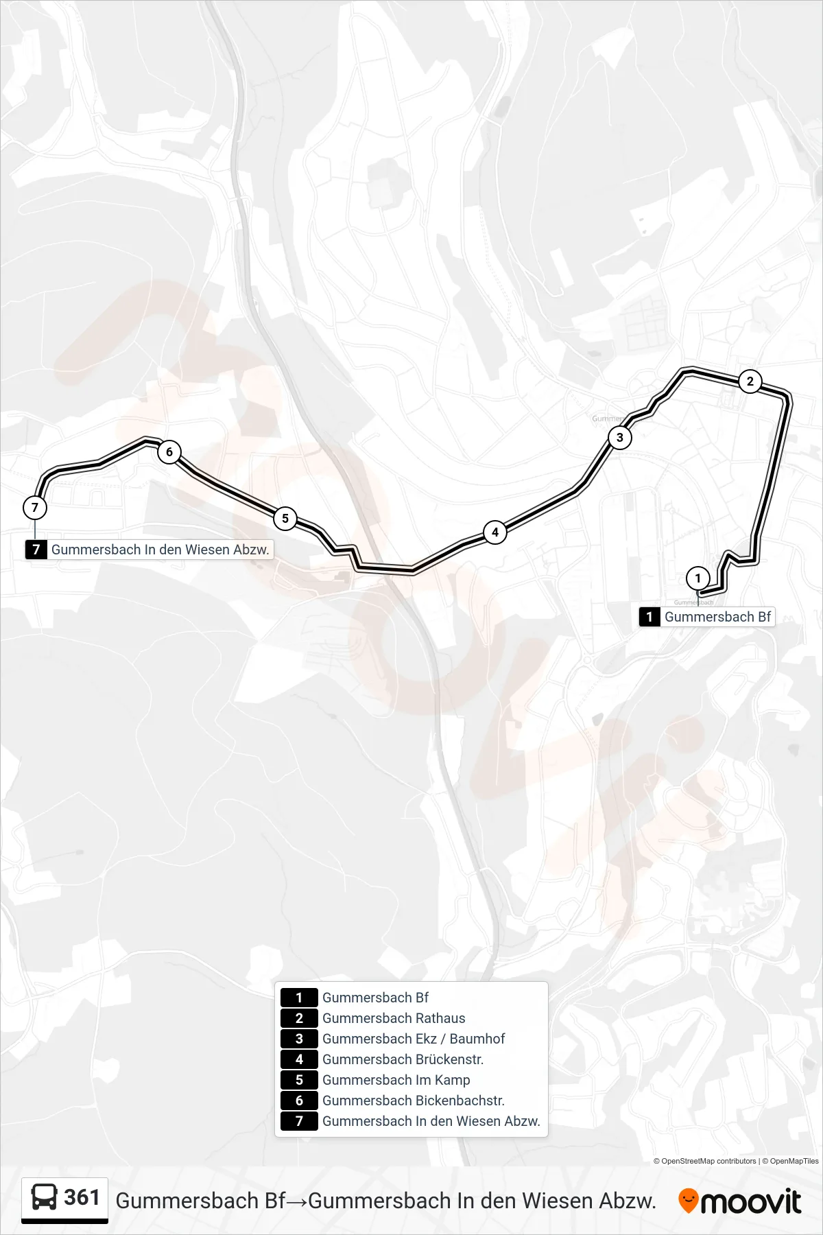 Linie 361 (Bus) Richtung Gummersbach Bf→Gummersbach In den Wiesen Abzw.: Route und Haltestellen auf der Karte