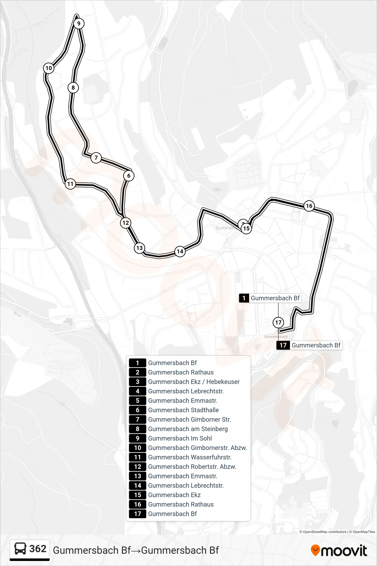 Linie 362 (Bus) Richtung Gummersbach Bf→Gummersbach Bf: Route und Haltestellen auf der Karte