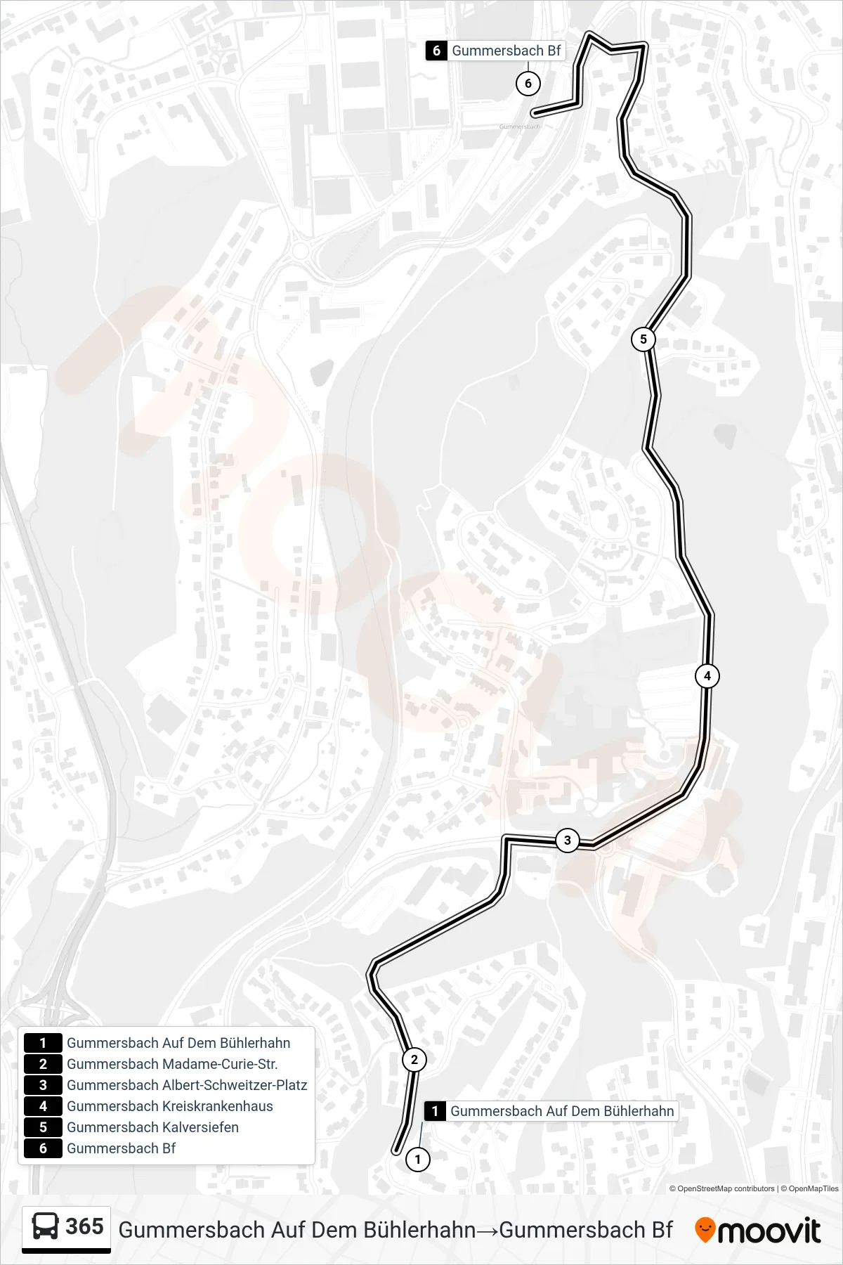 Linie 365 (Bus) Richtung Gummersbach Auf Dem Bühlerhahn‎→Gummersbach Bf: Route und Haltestellen auf der Karte