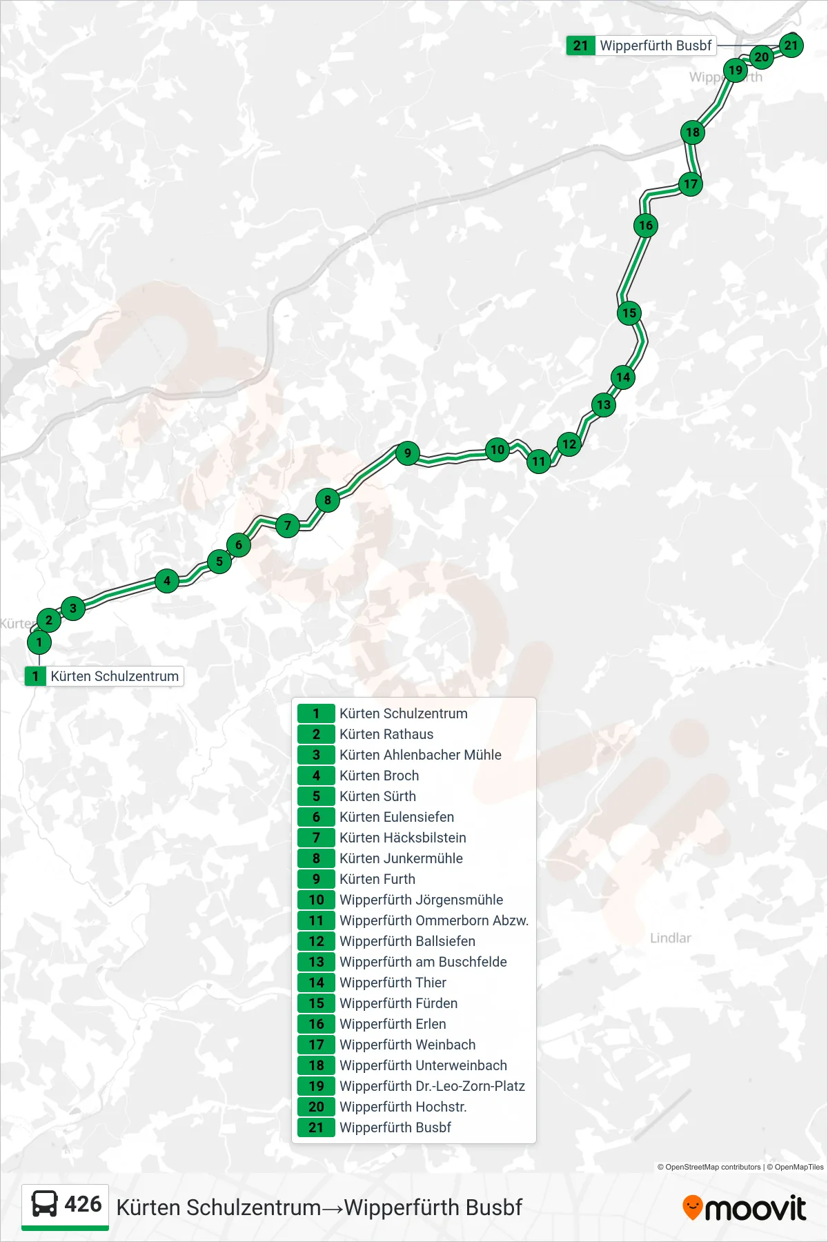 Linie 426 (Bus) Richtung Kürten Schulzentrum→Wipperfürth Busbf: Route und Haltestellen auf der Karte