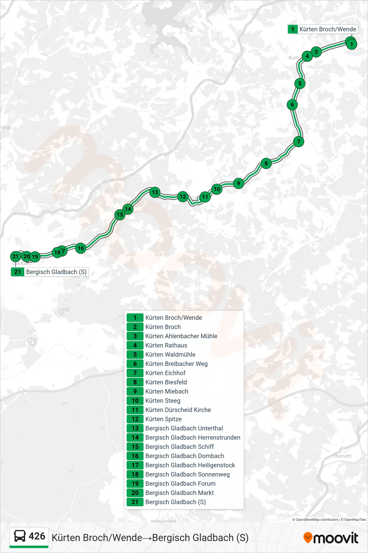 Linie 426 (Bus) Richtung Kürten Broch/Wende→Bergisch Gladbach (S): Route und Haltestellen auf der Karte