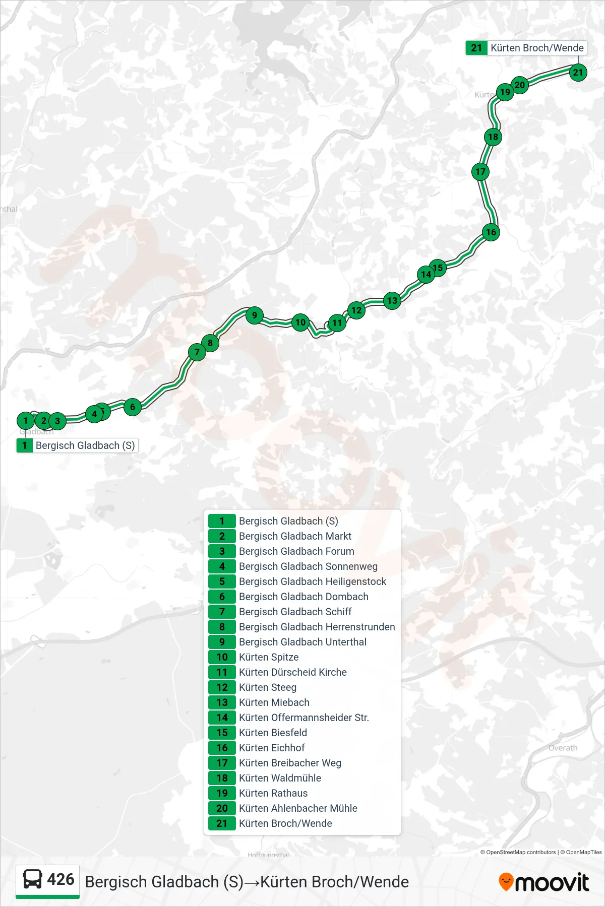 426 bus Line (Bergisch Gladbach (S)→Kürten Broch/Wende) route and stops on a map