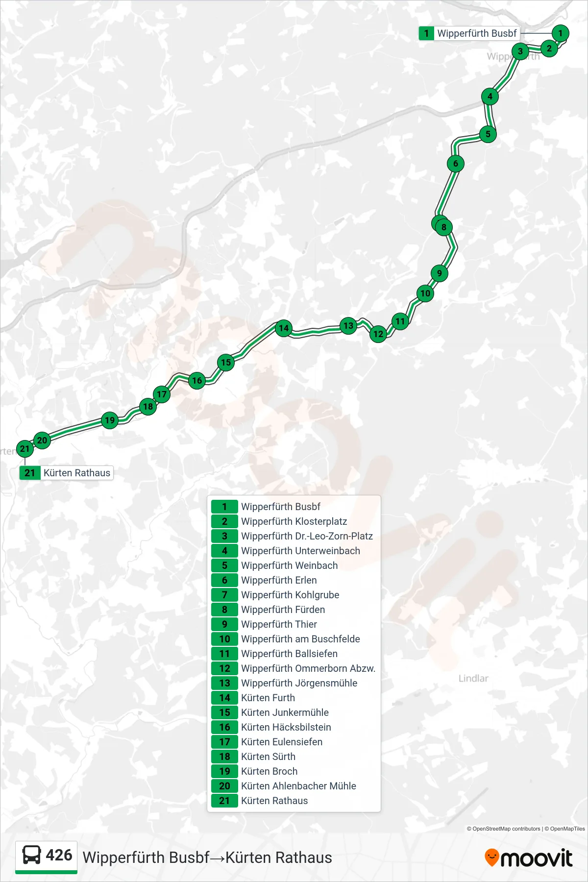 Linie 426 (Bus) Richtung Wipperfürth Busbf→Kürten Rathaus: Route und Haltestellen auf der Karte