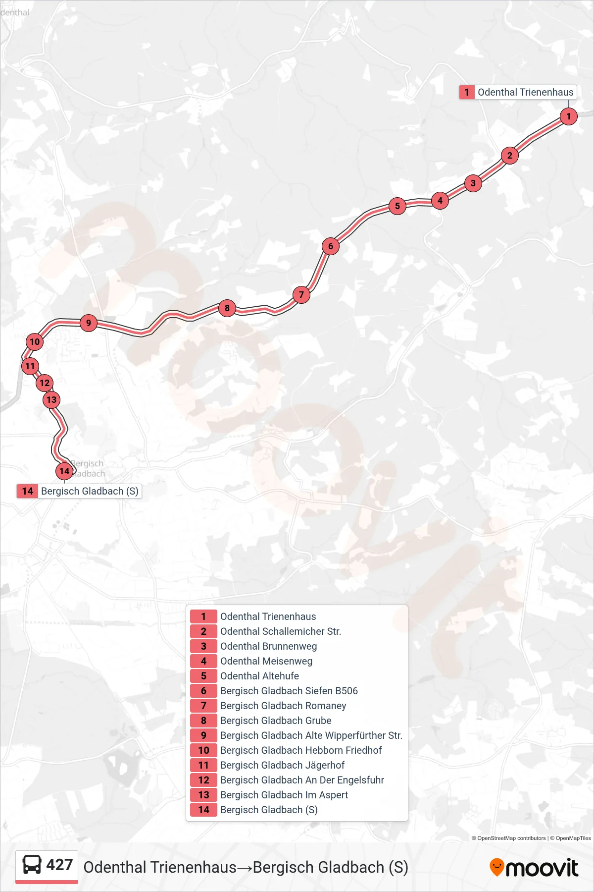 Linie 427 (Bus) Richtung Odenthal Trienenhaus‎→Bergisch Gladbach (S): Route und Haltestellen auf der Karte