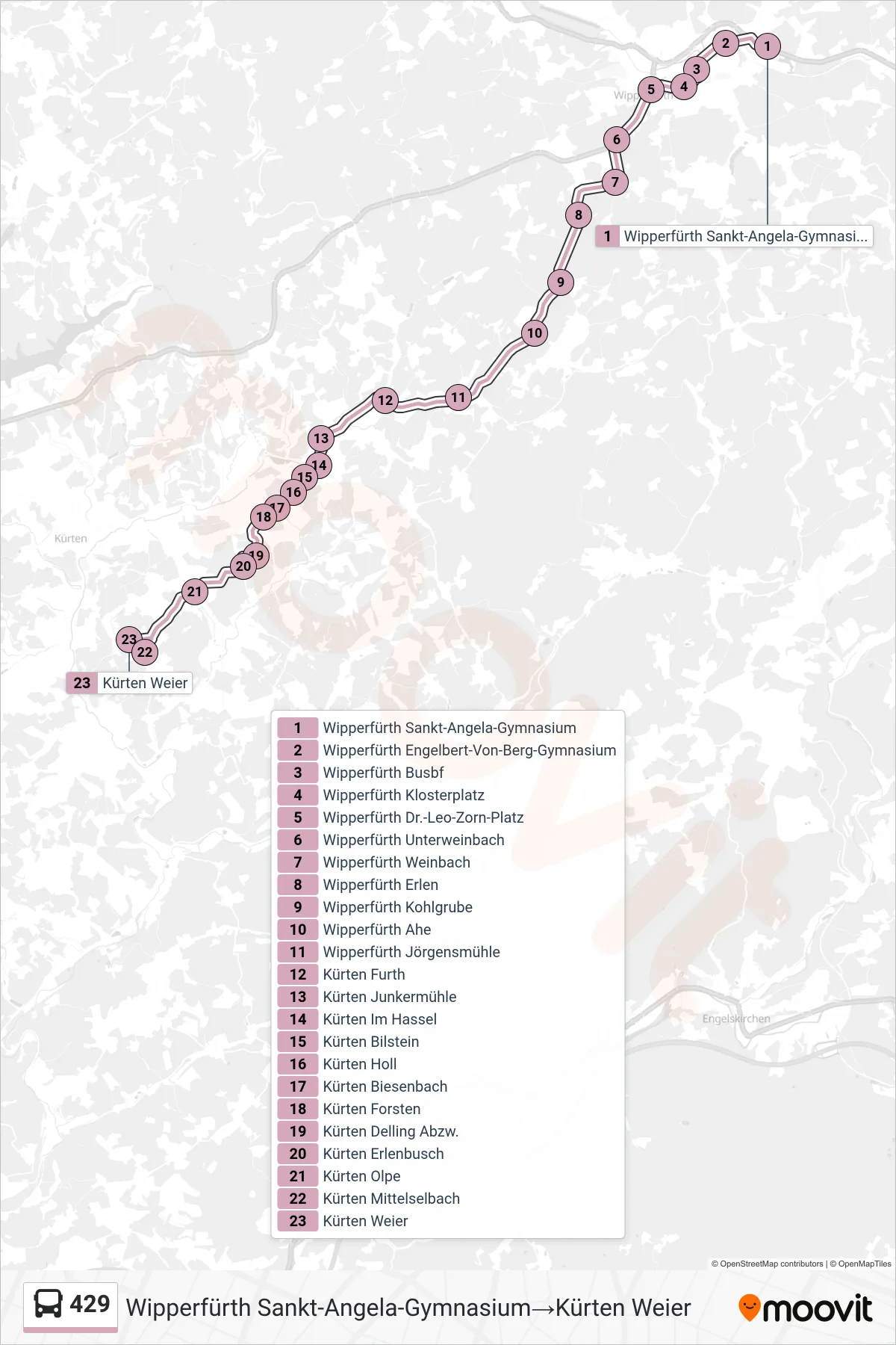 Linie 429 (Bus) Richtung Wipperfürth Sankt-Angela-Gymnasium‎→Kürten Weier: Route und Haltestellen auf der Karte
