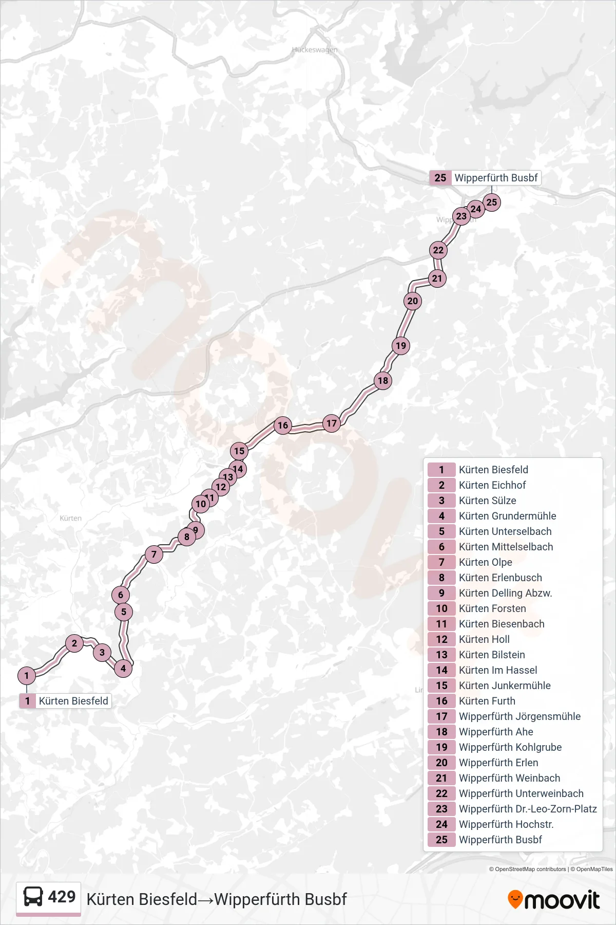 Linie 429 (Bus) Richtung Kürten Biesfeld→Wipperfürth Busbf: Route und Haltestellen auf der Karte