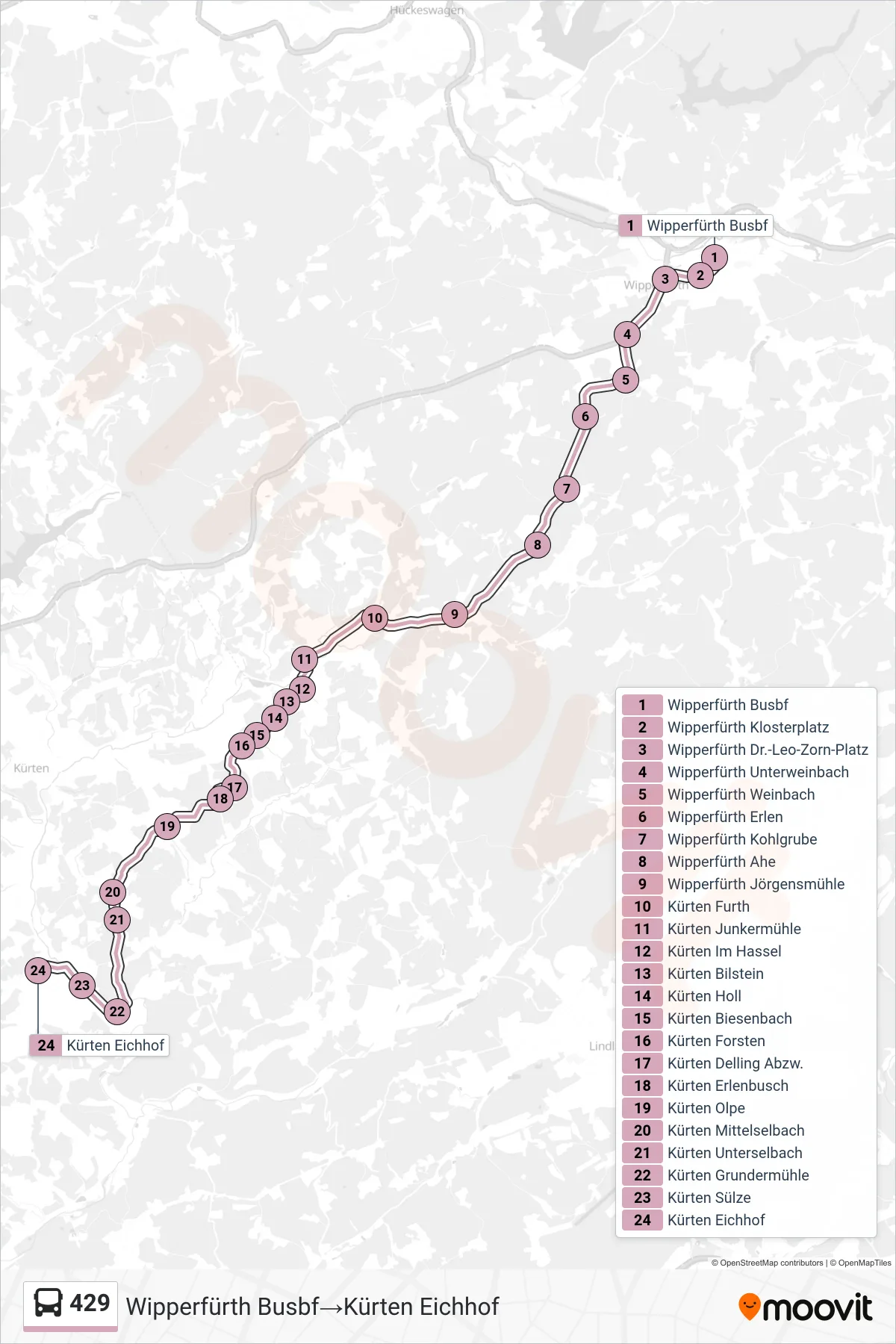 Linie 429 (Bus) Richtung Wipperfürth Busbf‎→Kürten Eichhof: Route und Haltestellen auf der Karte
