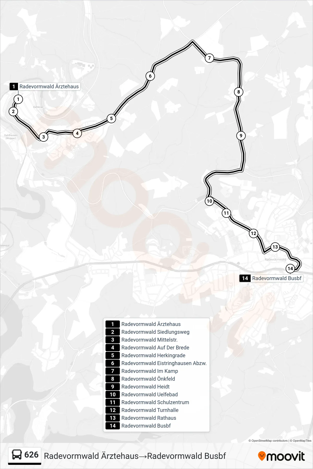 Linie 626 (Bus) Richtung Radevormwald Ärztehaus→Radevormwald Busbf: Route und Haltestellen auf der Karte