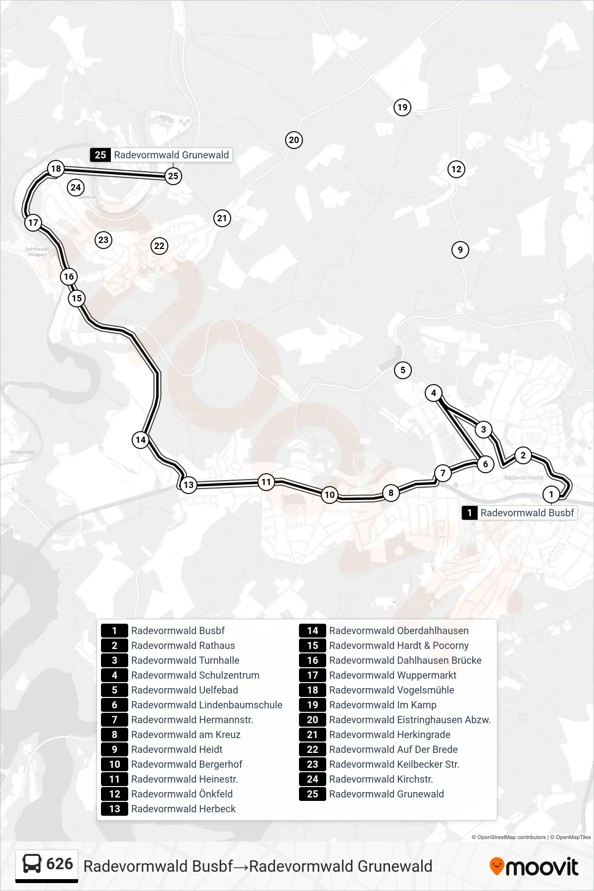 Linie 626 (Bus) Richtung Radevormwald Busbf→Radevormwald Grunewald: Route und Haltestellen auf der Karte