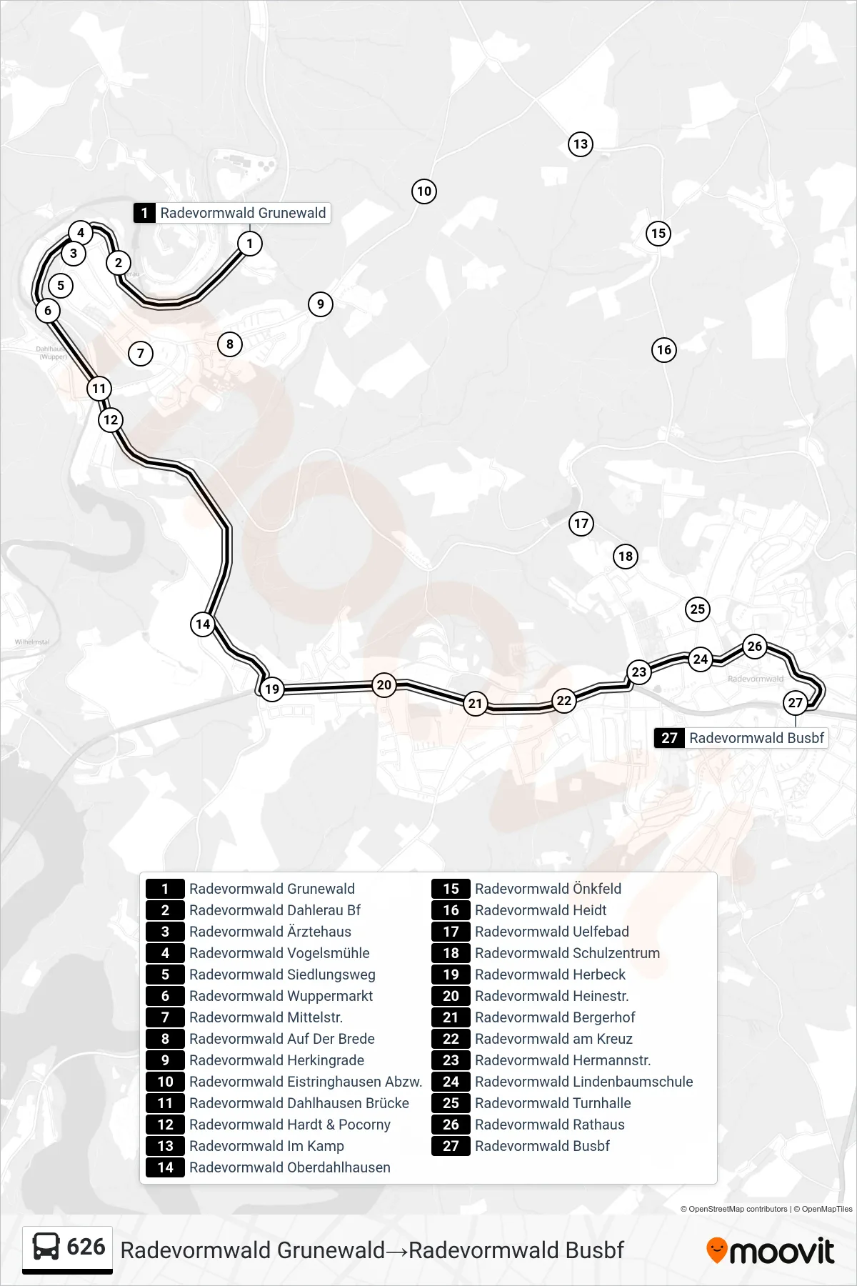 Linie 626 (Bus) Richtung Radevormwald Grunewald‎→Radevormwald Busbf: Route und Haltestellen auf der Karte