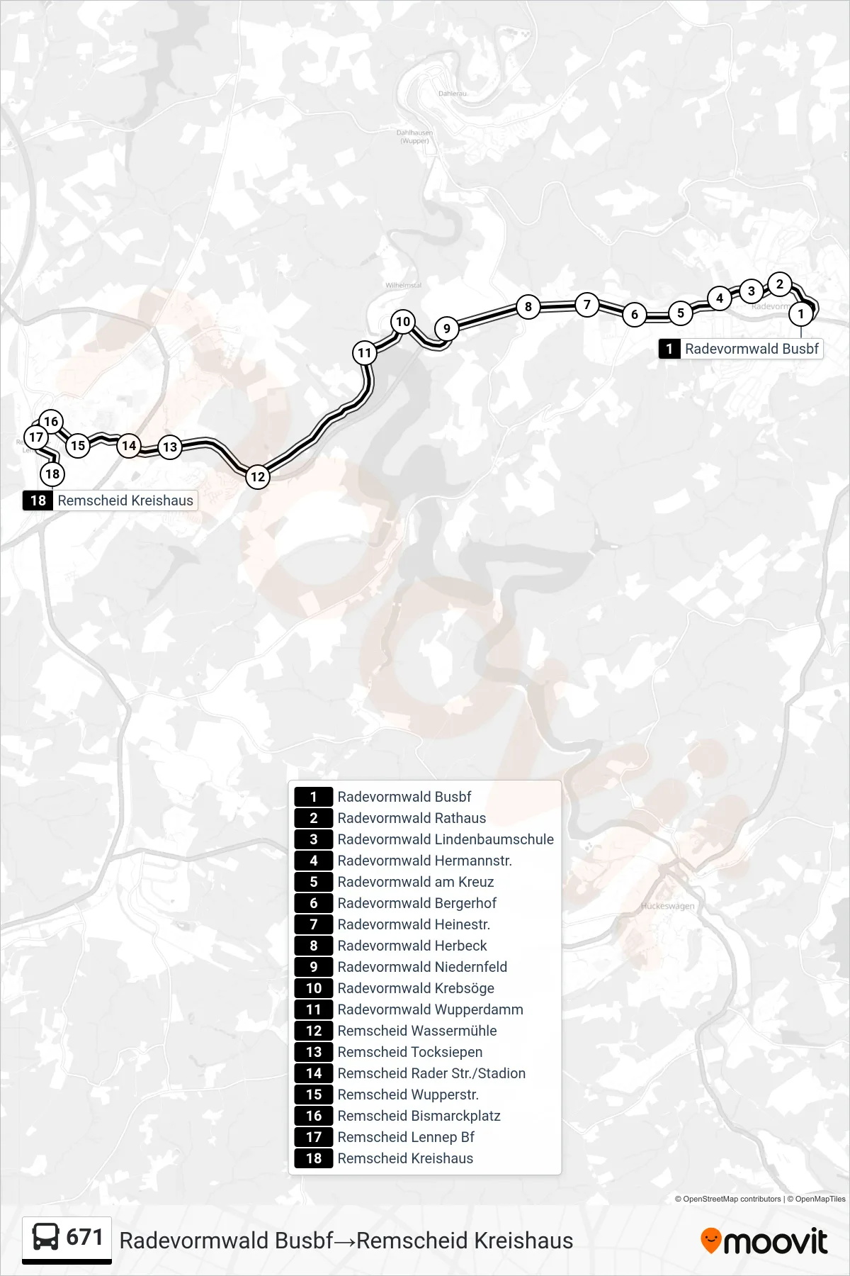 Linie 671 (Bus) Richtung Radevormwald Busbf→Remscheid Kreishaus: Route und Haltestellen auf der Karte