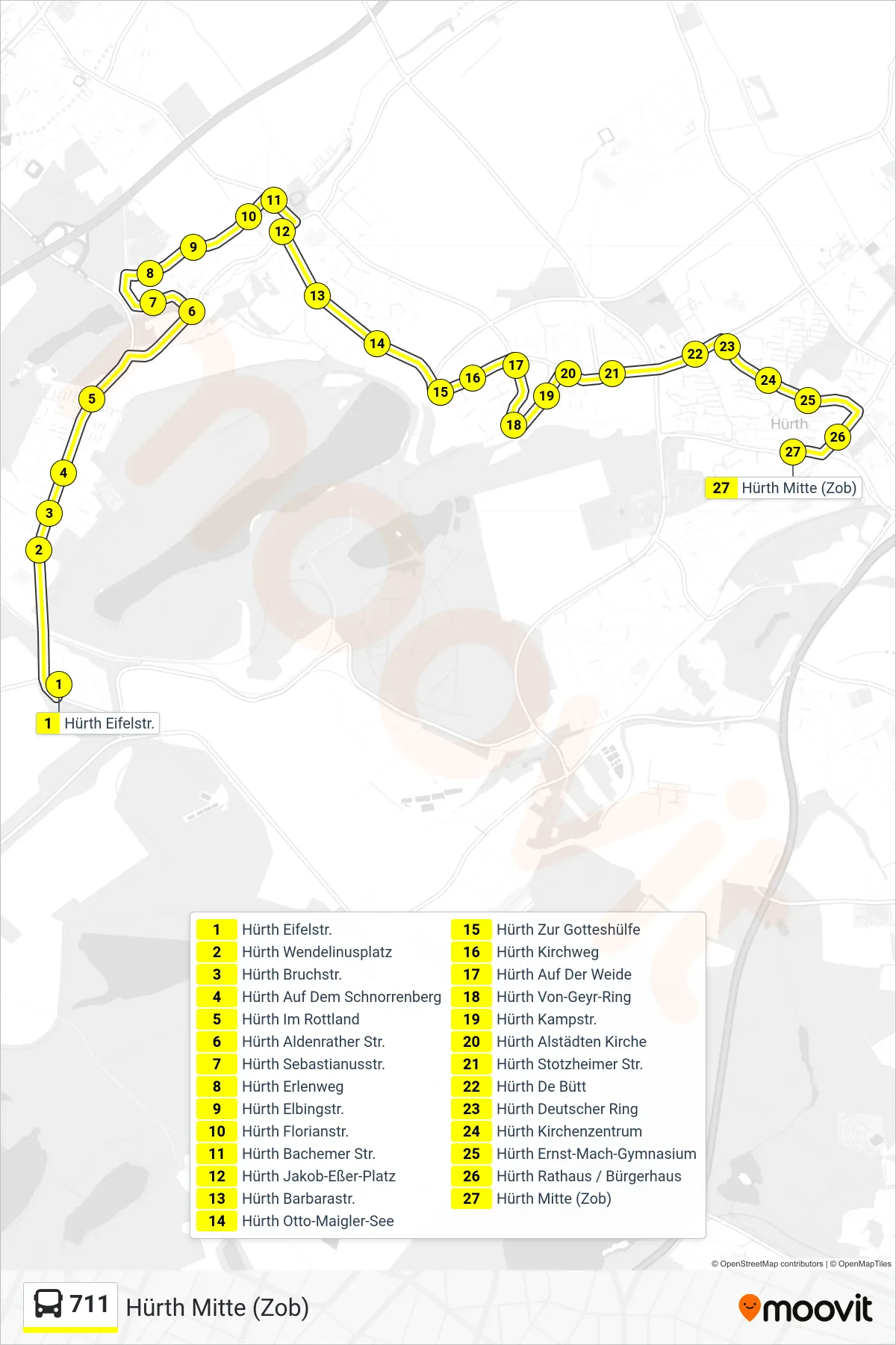 Linie 711 (Bus) Richtung Hürth Mitte (Zob): Route und Haltestellen auf der Karte
