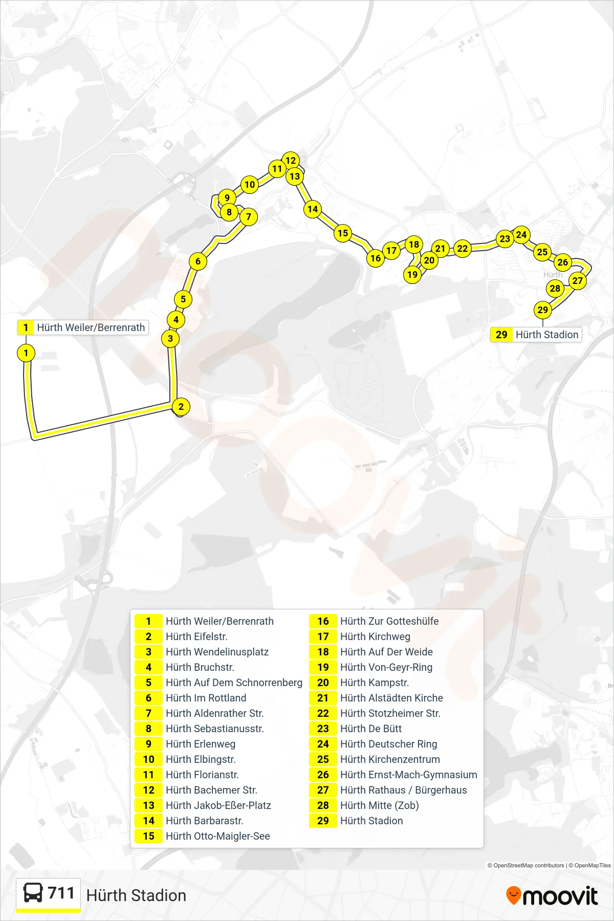 Linie 711 (Bus) Richtung Hürth Stadion: Route und Haltestellen auf der Karte