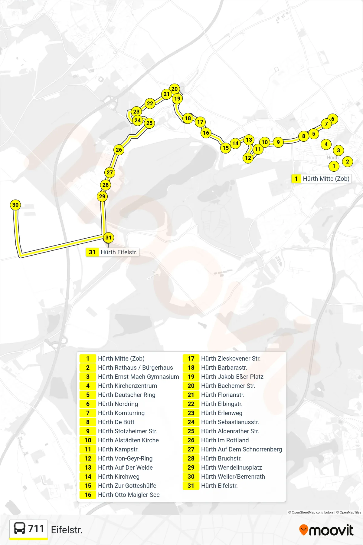 Linie 711 (Bus) Richtung Eifelstr.: Route und Haltestellen auf der Karte