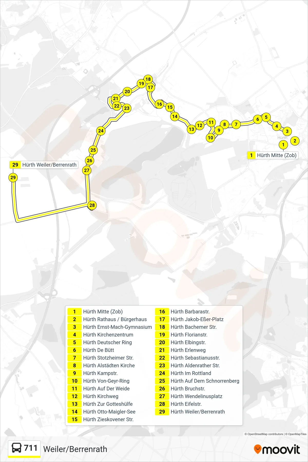 Linie 711 (Bus) Richtung Weiler/Berrenrath: Route und Haltestellen auf der Karte