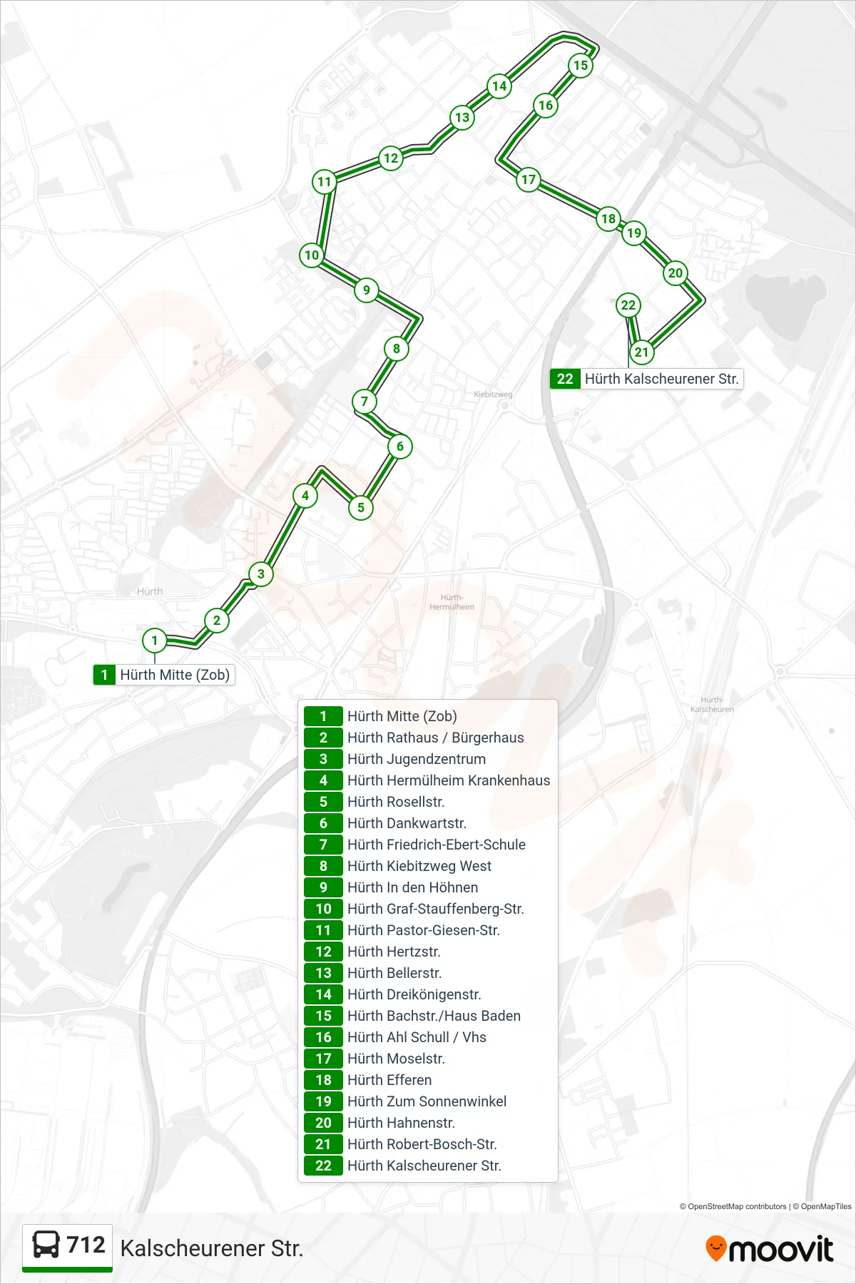 Linie 712 (Bus) Richtung Kalscheurener Str.: Route und Haltestellen auf der Karte