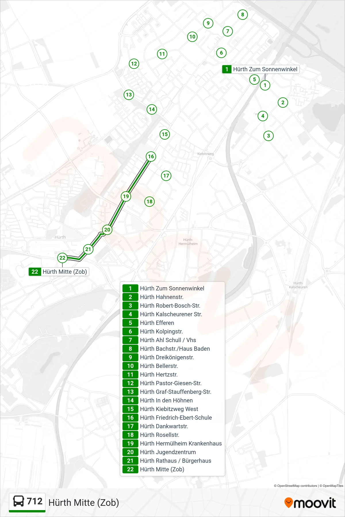 Linie 712 (Bus) Richtung Hürth Mitte (Zob): Route und Haltestellen auf der Karte
