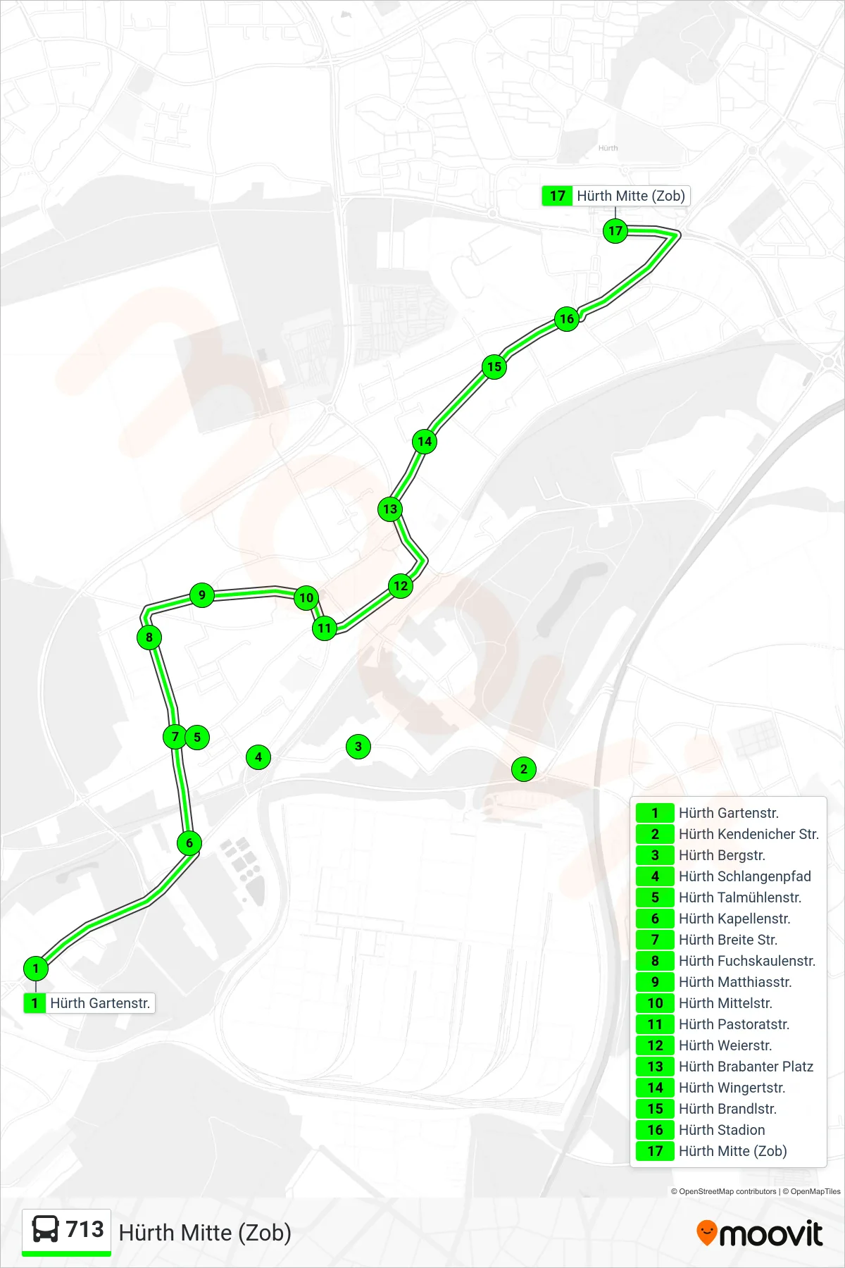 Linie 713 (Bus) Richtung Hürth Mitte (Zob): Route und Haltestellen auf der Karte