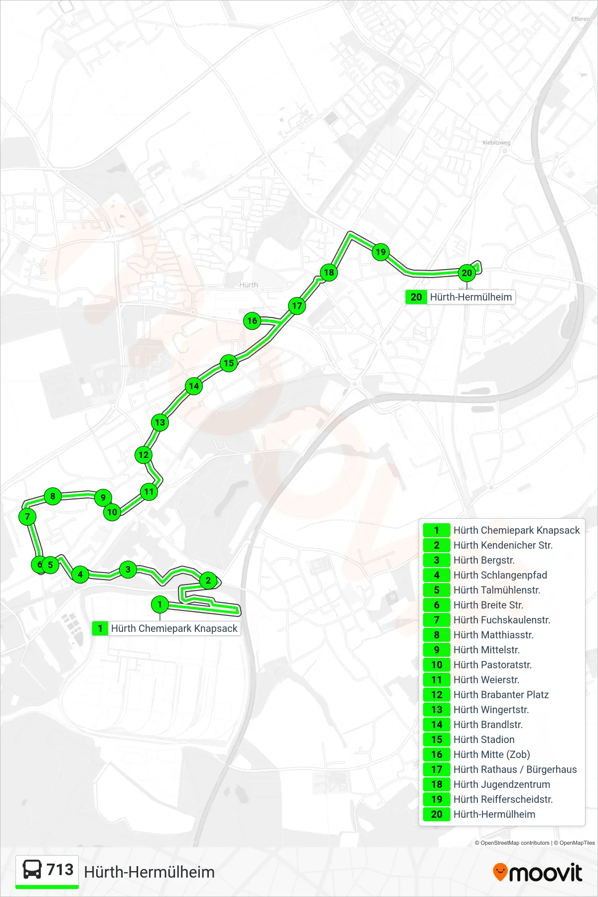 Linie 713 (Bus) Richtung Hürth-Hermülheim: Route und Haltestellen auf der Karte