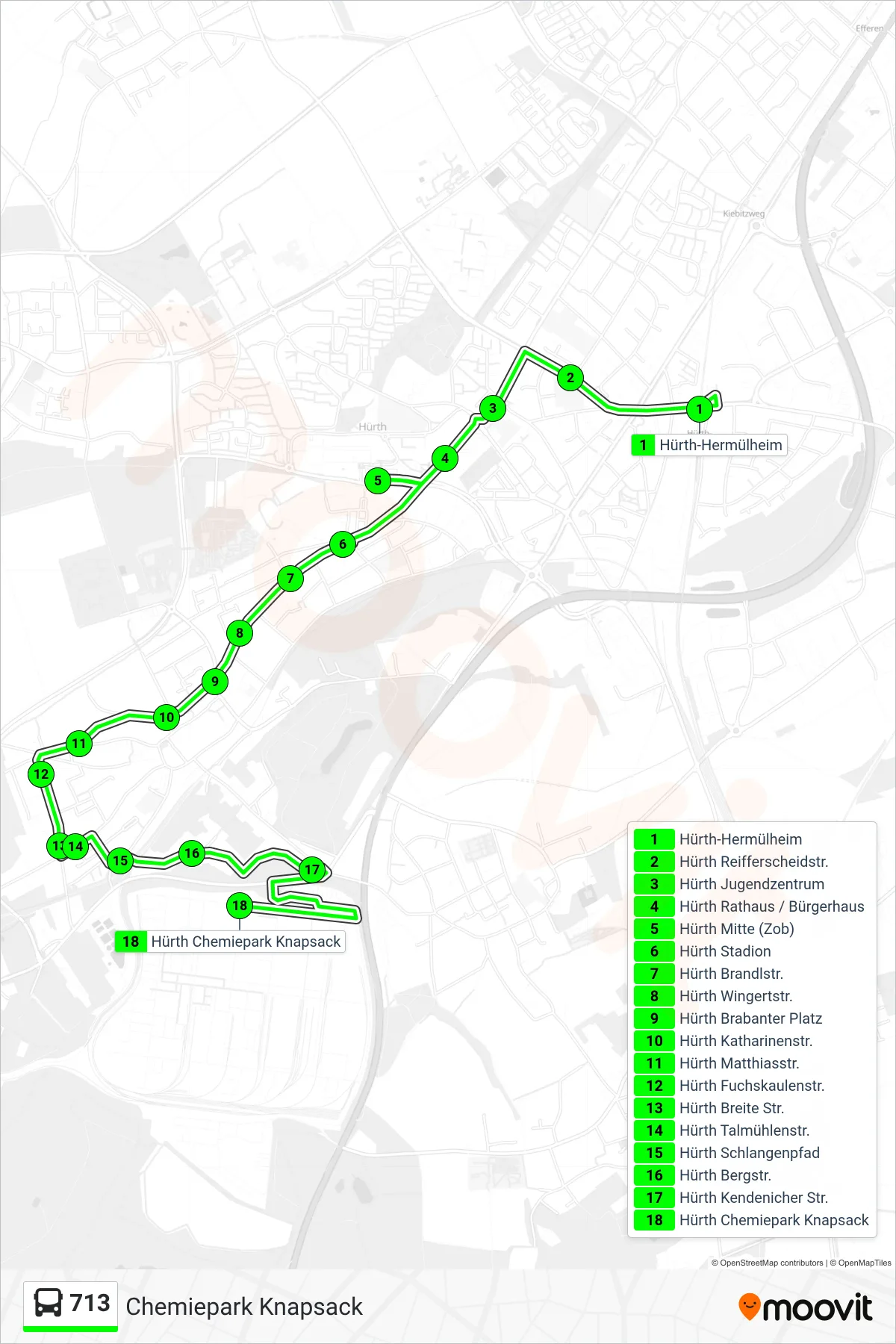 Linie 713 (Bus) Richtung Chemiepark Knapsack: Route und Haltestellen auf der Karte