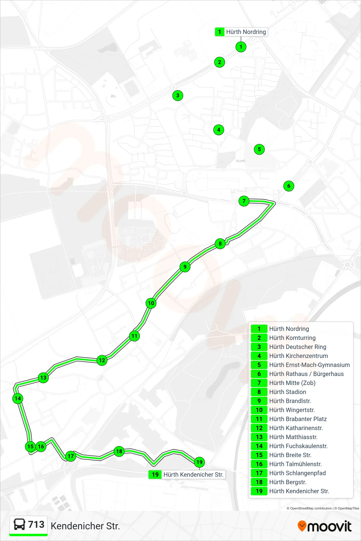 Linie 713 (Bus) Richtung Kendenicher Str.: Route und Haltestellen auf der Karte