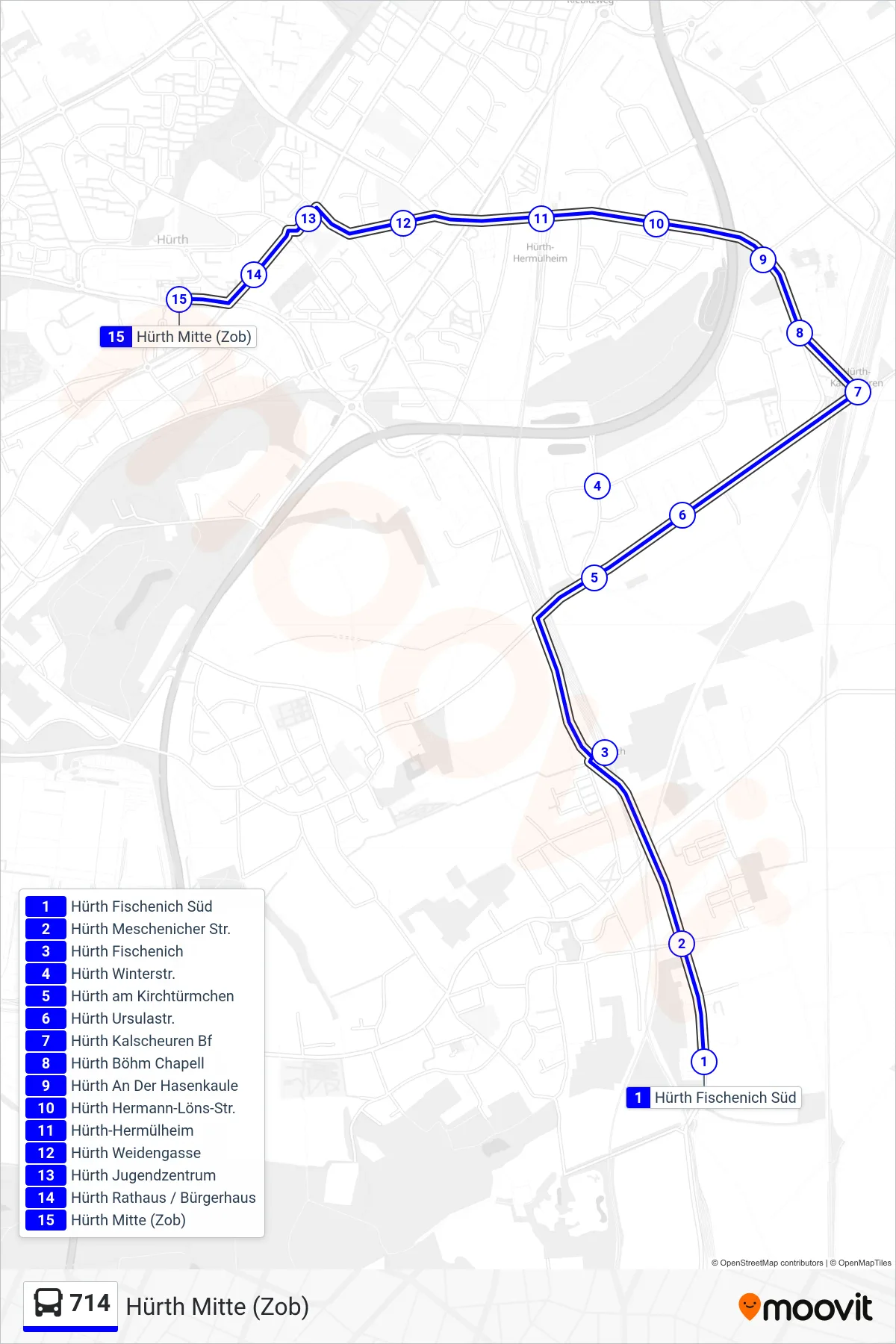 Linie 714 (Bus) Richtung Hürth Mitte (Zob): Route und Haltestellen auf der Karte