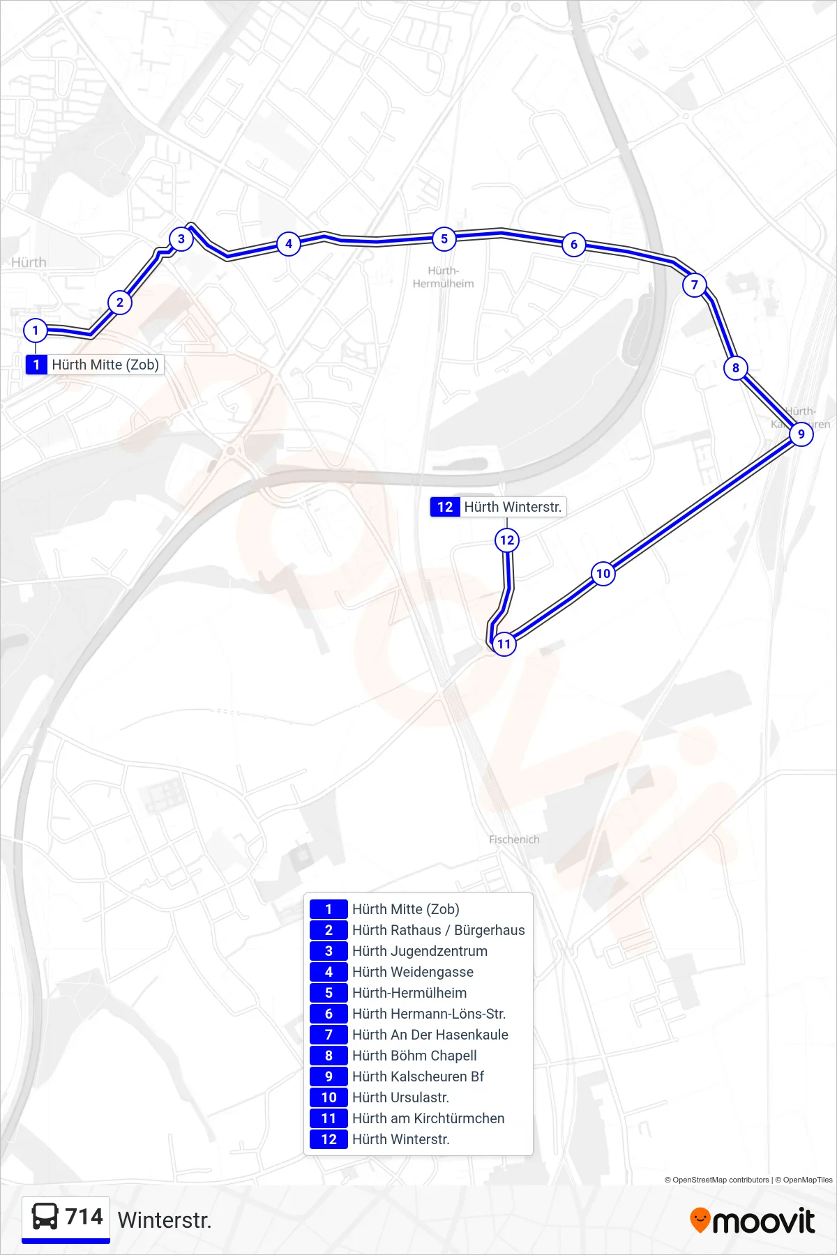 714 bus Line (Winterstr.) route and stops on a map