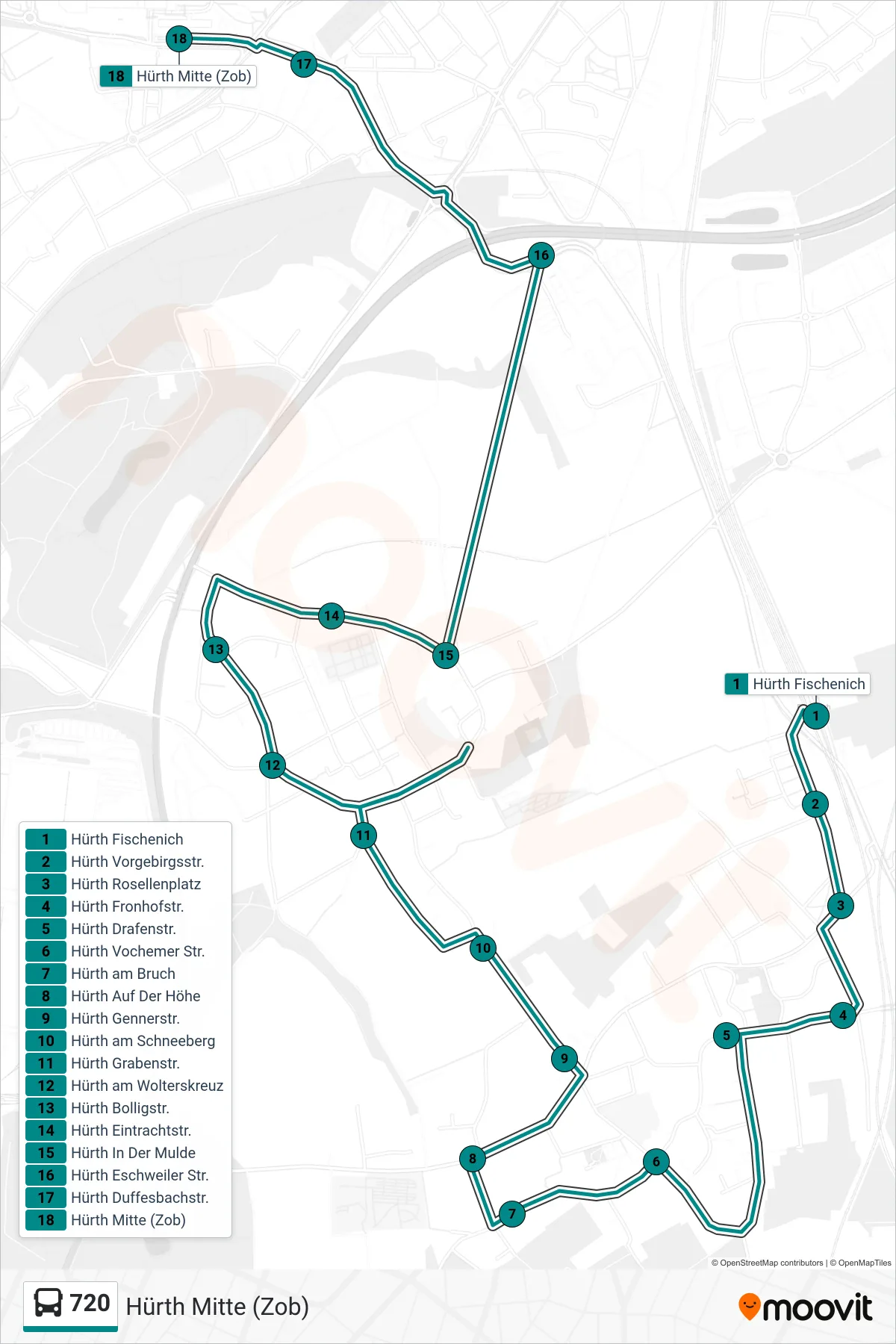 Linie 720 (Bus) Richtung Hürth Mitte (Zob): Route und Haltestellen auf der Karte