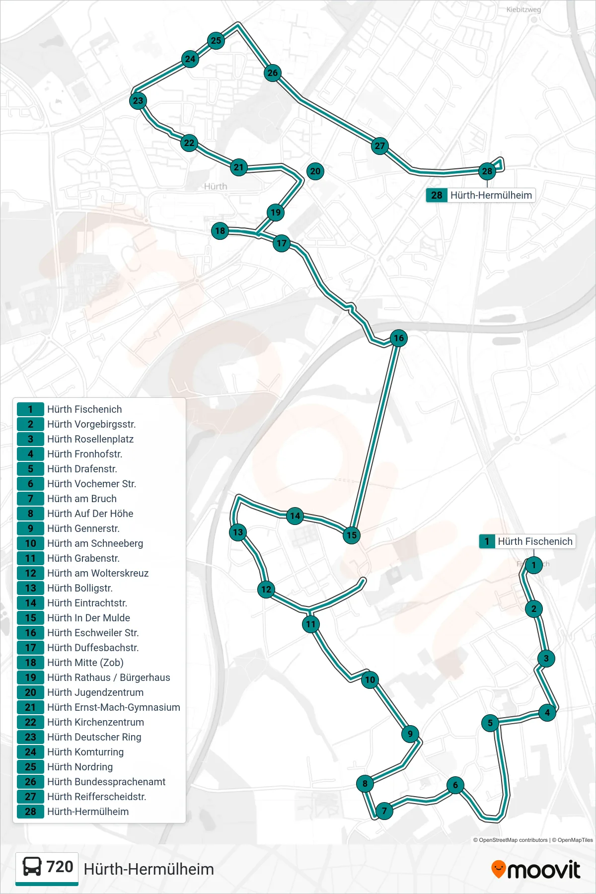 Linie 720 (Bus) Richtung Hürth-Hermülheim: Route und Haltestellen auf der Karte