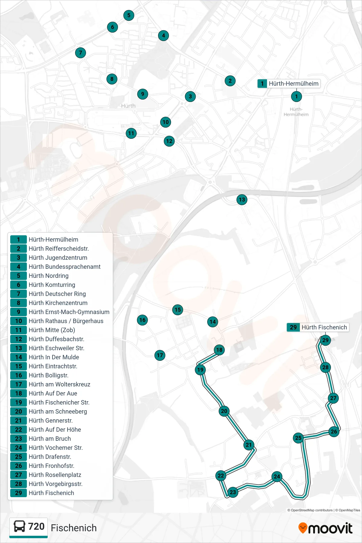 720 bus Line (Fischenich) route and stops on a map