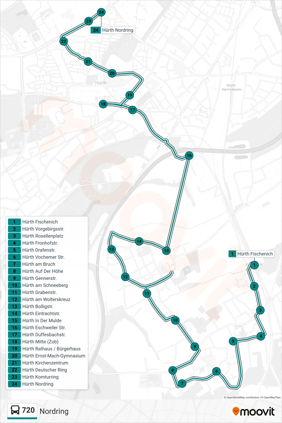 Linie 720 (Bus) Richtung Nordring: Route und Haltestellen auf der Karte