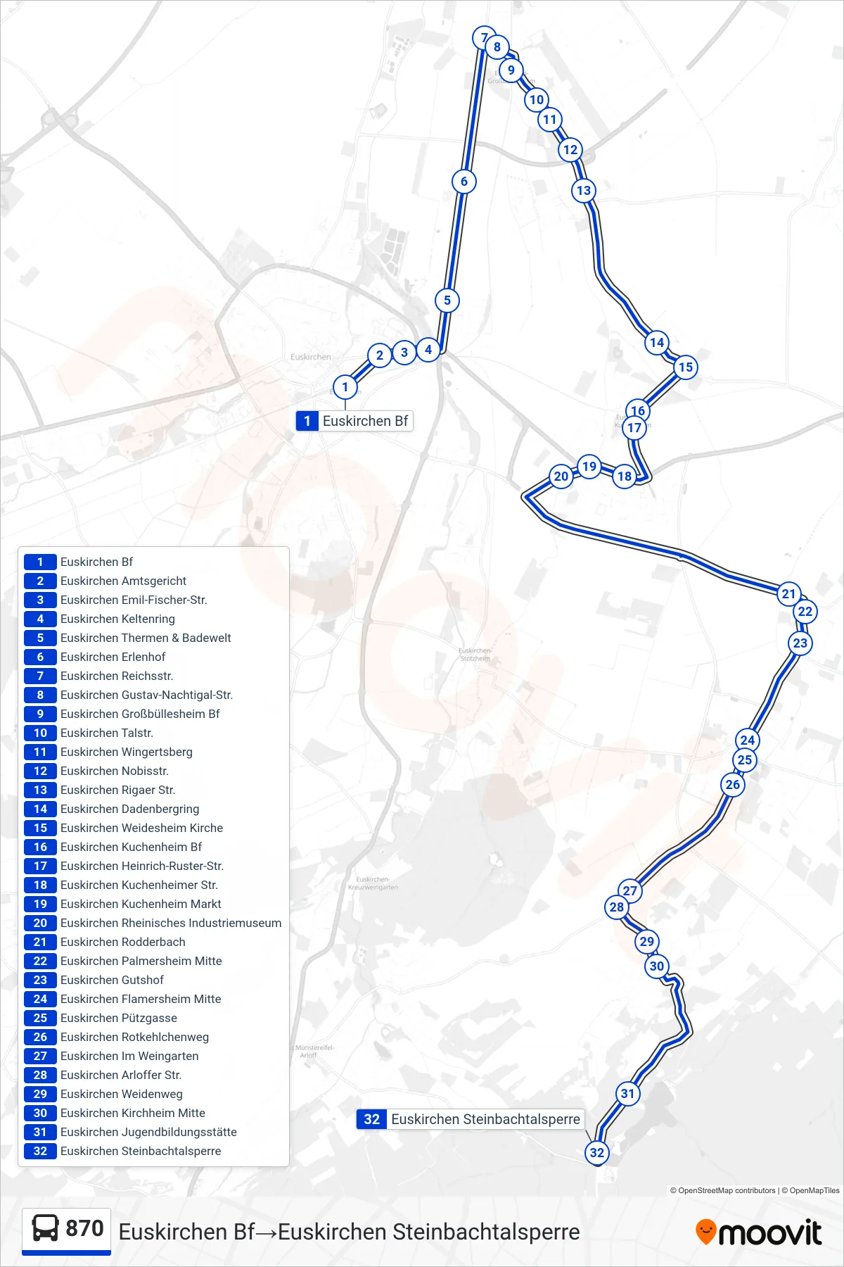 Linie 870 (Bus) Richtung Euskirchen Bf‎→Euskirchen Steinbachtalsperre: Route und Haltestellen auf der Karte