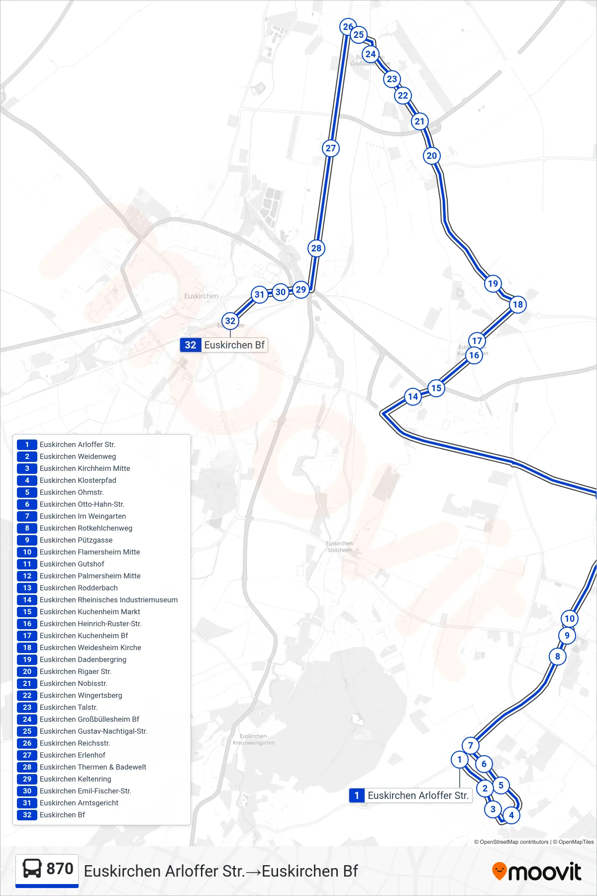 Linie 870 (Bus) Richtung Euskirchen Arloffer Str.→Euskirchen Bf: Route und Haltestellen auf der Karte