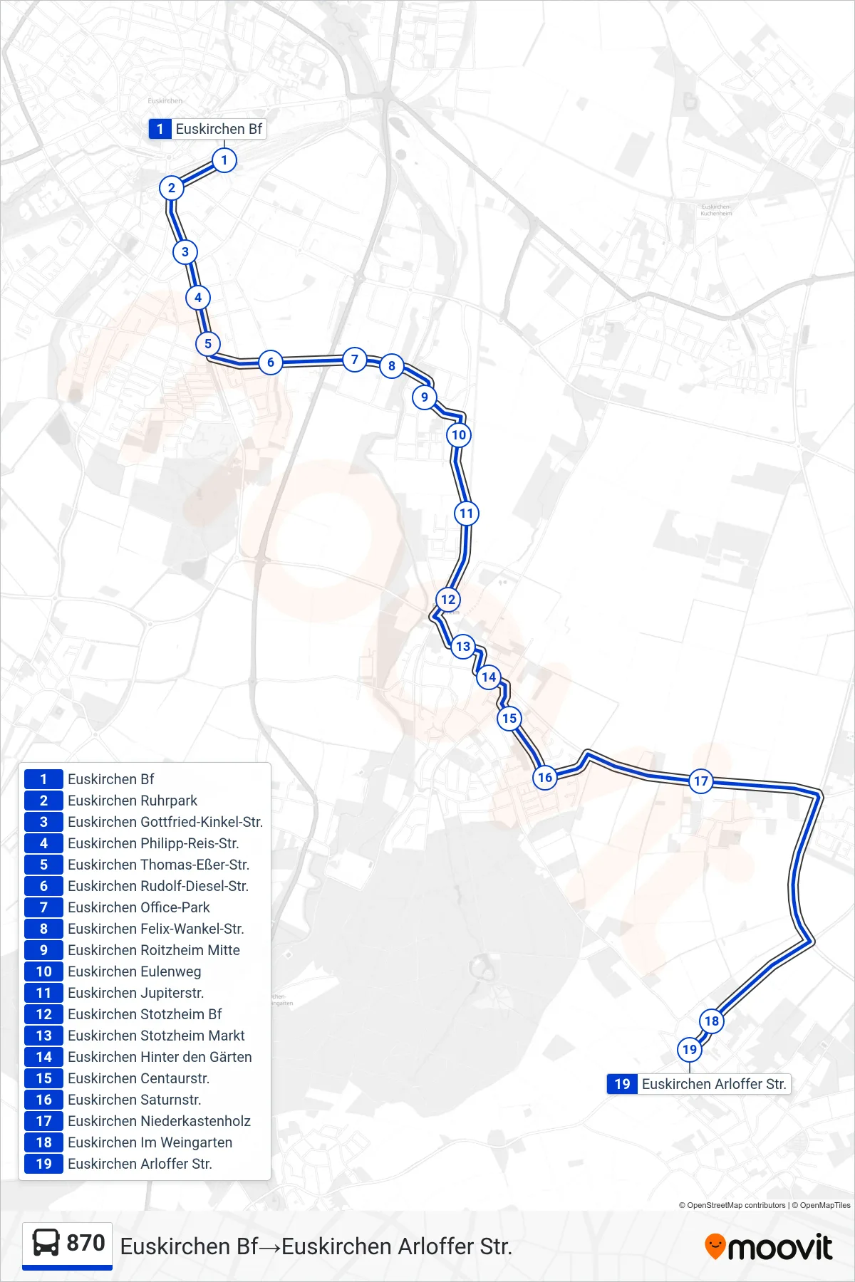 Linie 870 (Bus) Richtung Euskirchen Bf‎→Euskirchen Arloffer Str.: Route und Haltestellen auf der Karte