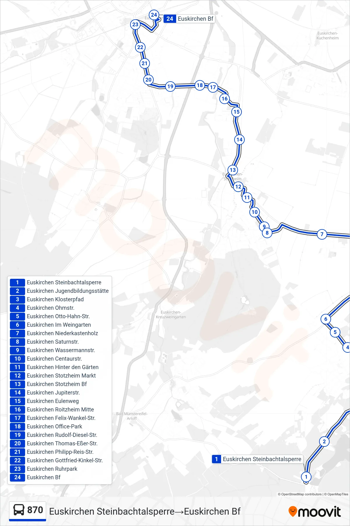870 bus Line (Euskirchen Steinbachtalsperre→Euskirchen Bf) route and stops on a map