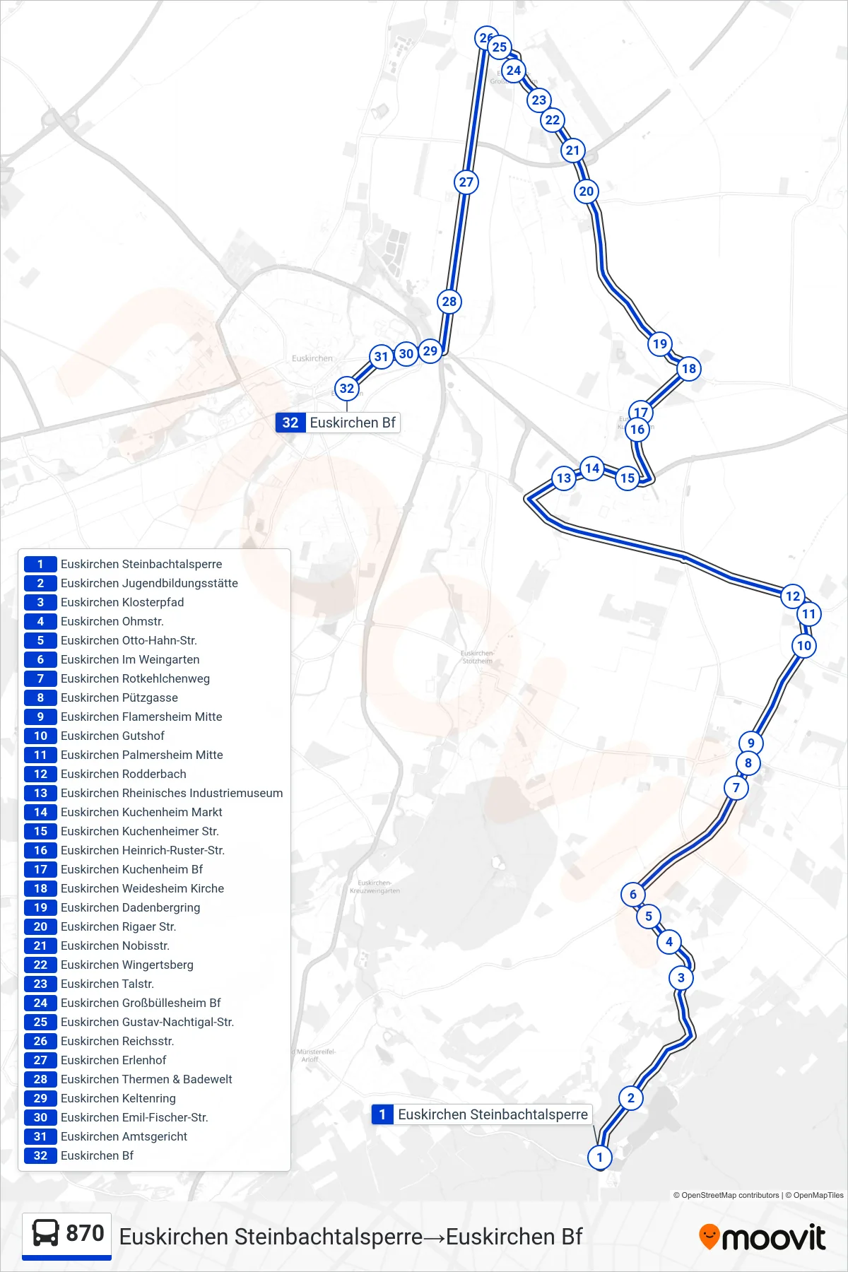 Linie 870 (Bus) Richtung Euskirchen Steinbachtalsperre→Euskirchen Bf: Route und Haltestellen auf der Karte