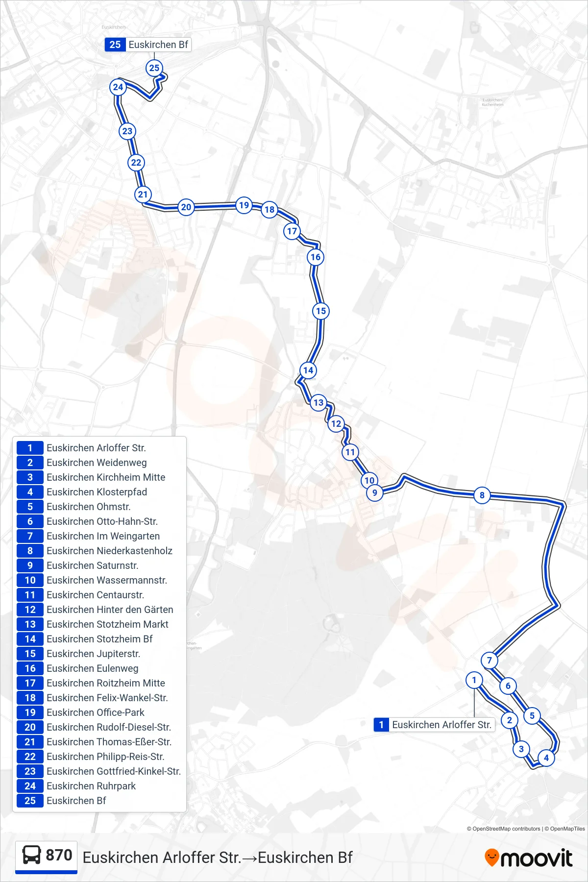 Linie 870 (Bus) Richtung Euskirchen Arloffer Str.‎→Euskirchen Bf: Route und Haltestellen auf der Karte