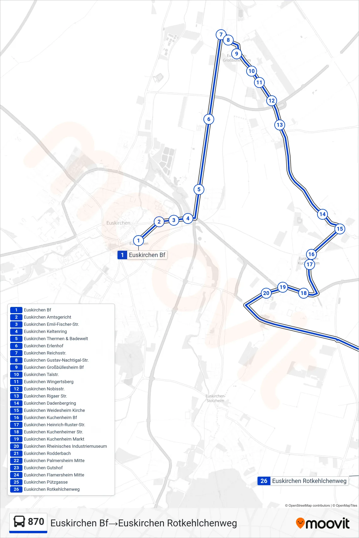 Linie 870 (Bus) Richtung Euskirchen Bf‎→Euskirchen Rotkehlchenweg: Route und Haltestellen auf der Karte