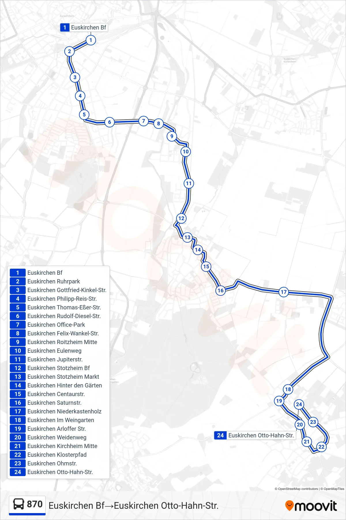Linie 870 (Bus) Richtung Euskirchen Bf→Euskirchen Otto-Hahn-Str.: Route und Haltestellen auf der Karte