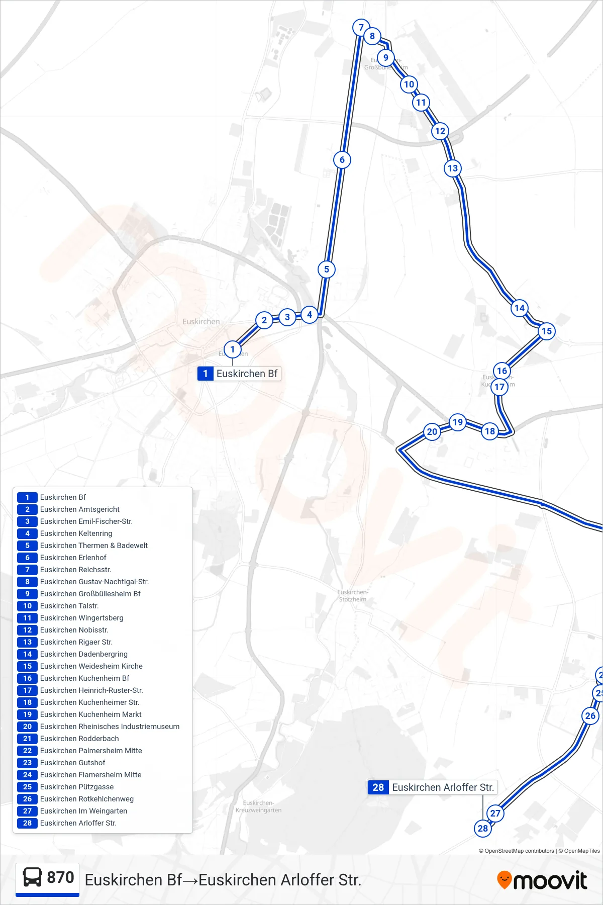 870 bus Line (Euskirchen Bf‎→Euskirchen Arloffer Str.) route and stops on a map