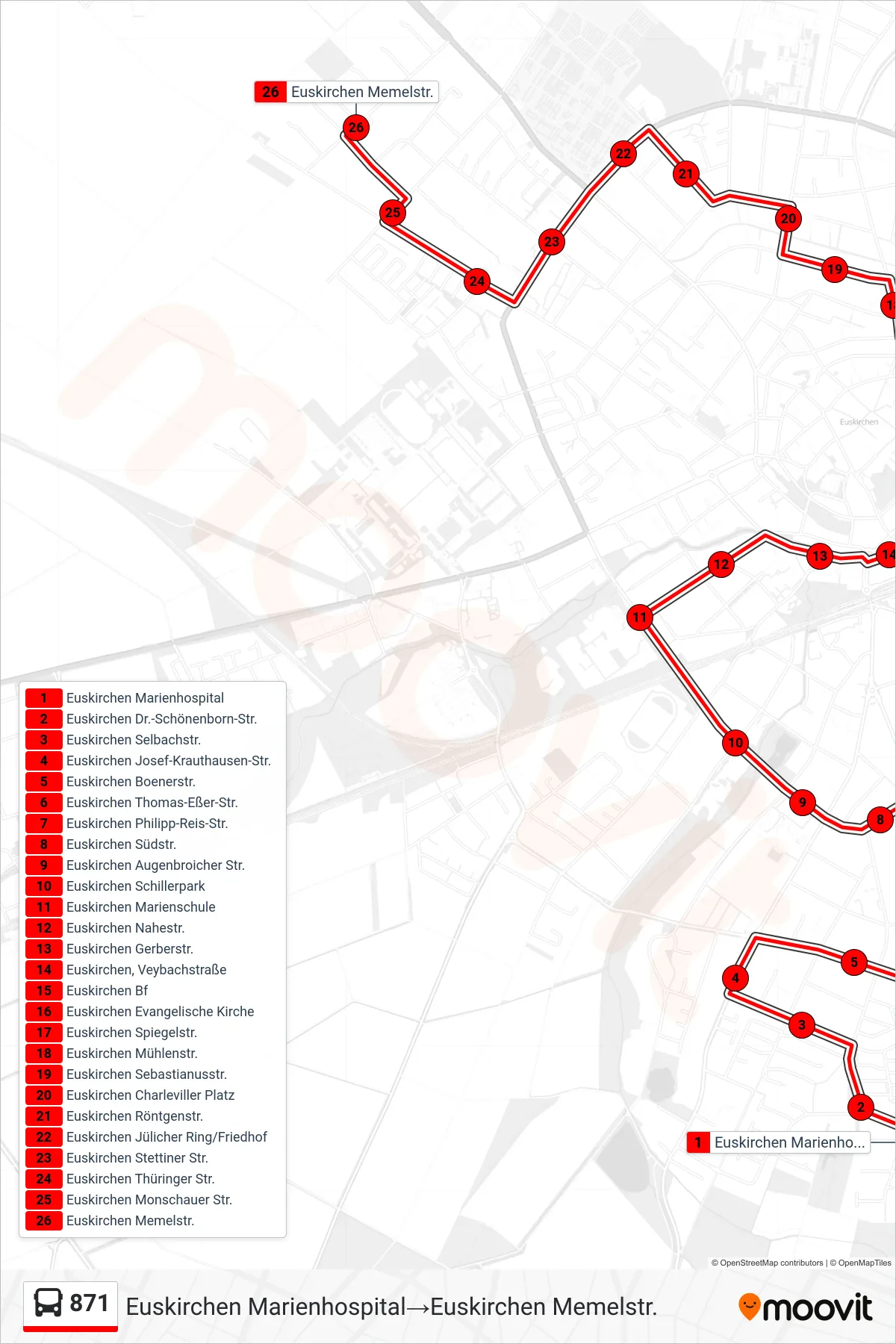 Linie 871 (Bus) Richtung Euskirchen Marienhospital→Euskirchen Memelstr.: Route und Haltestellen auf der Karte