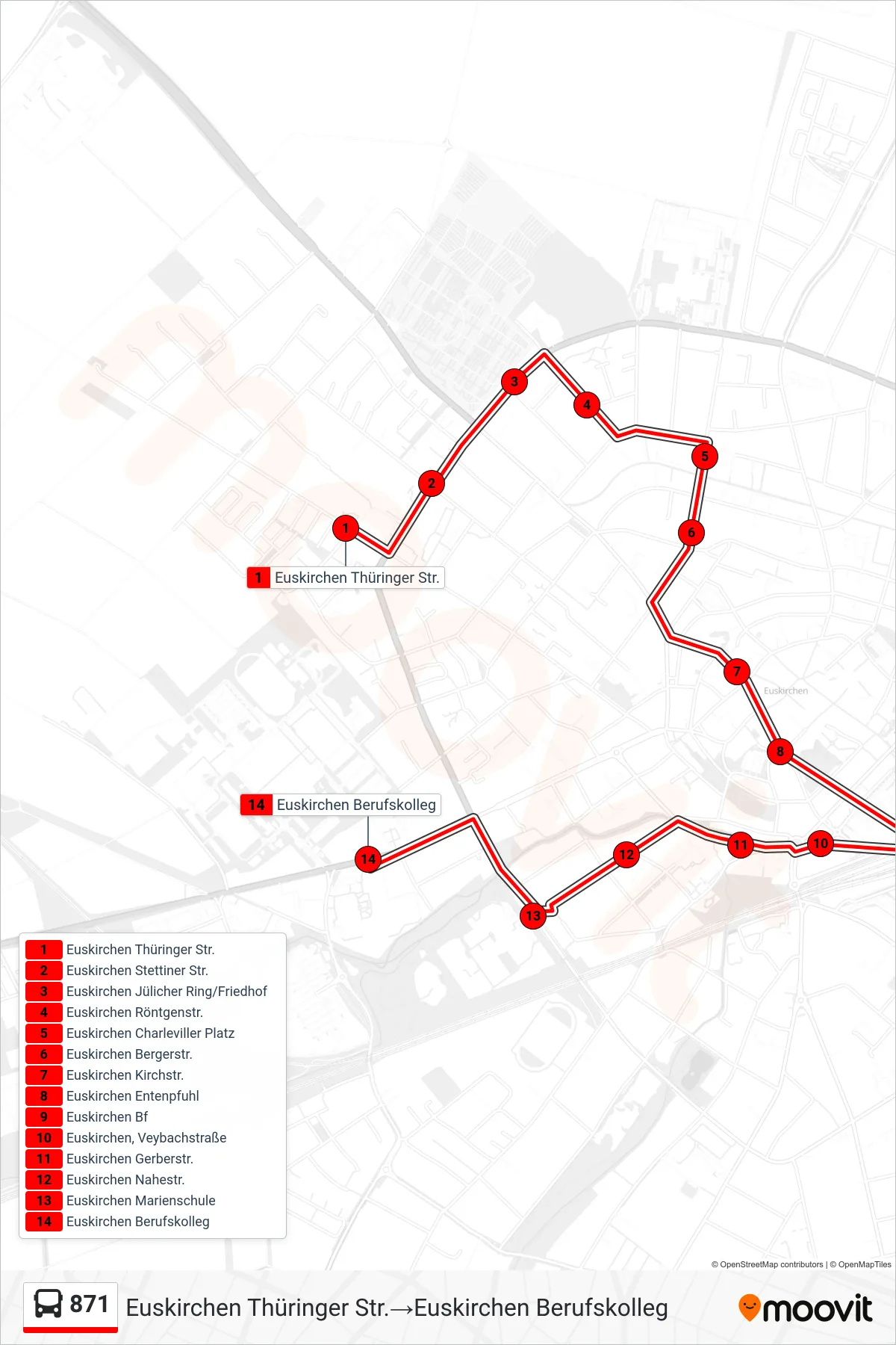 Linie 871 (Bus) Richtung Euskirchen Thüringer Str.→Euskirchen Berufskolleg: Route und Haltestellen auf der Karte