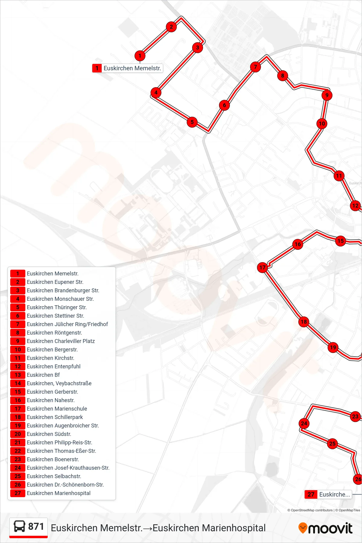 Linie 871 (Bus) Richtung Euskirchen Memelstr.‎→Euskirchen Marienhospital: Route und Haltestellen auf der Karte