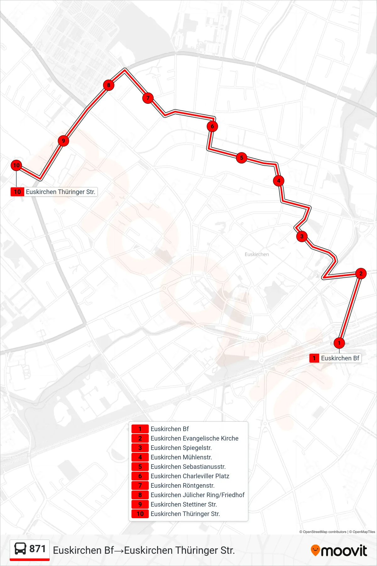 Linie 871 (Bus) Richtung Euskirchen Bf‎→Euskirchen Thüringer Str.: Route und Haltestellen auf der Karte