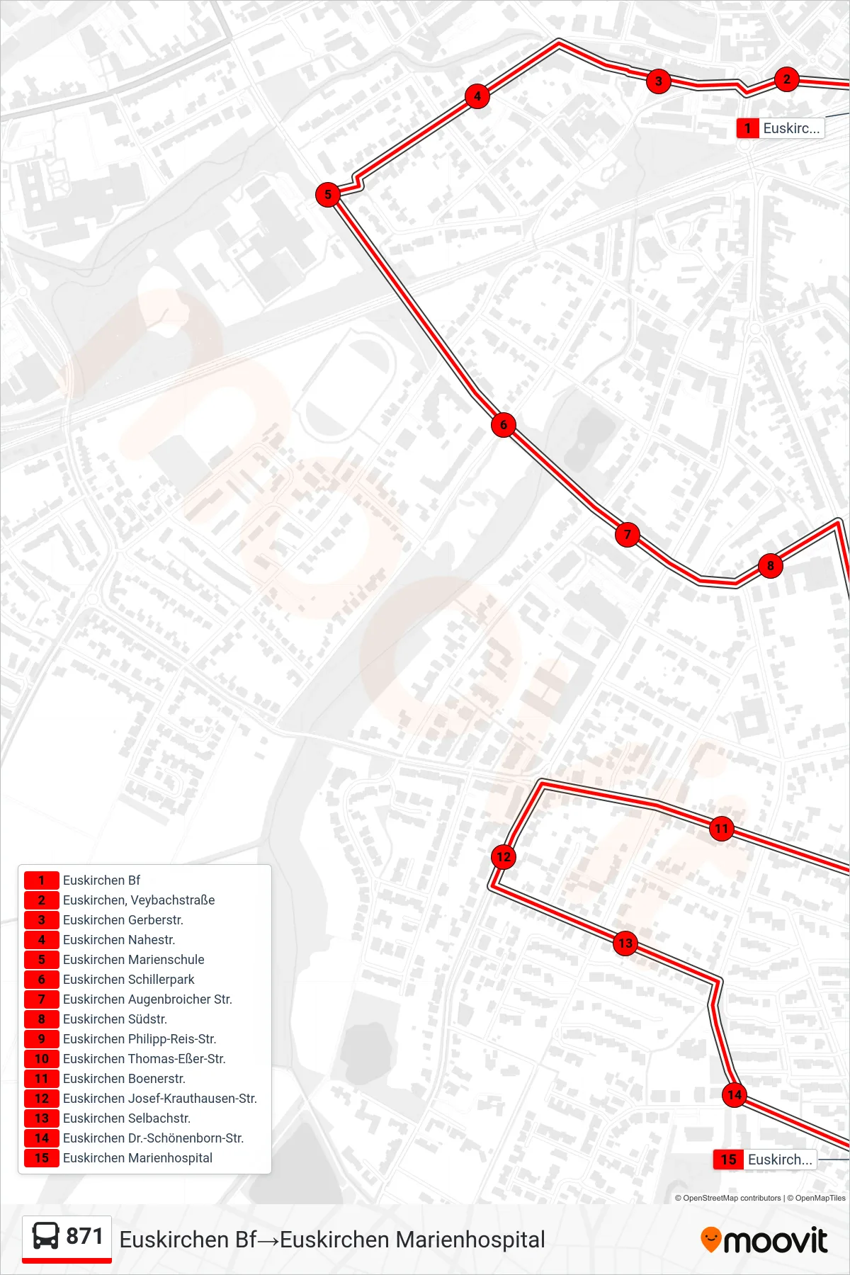 Linie 871 (Bus) Richtung Euskirchen Bf‎→Euskirchen Marienhospital: Route und Haltestellen auf der Karte