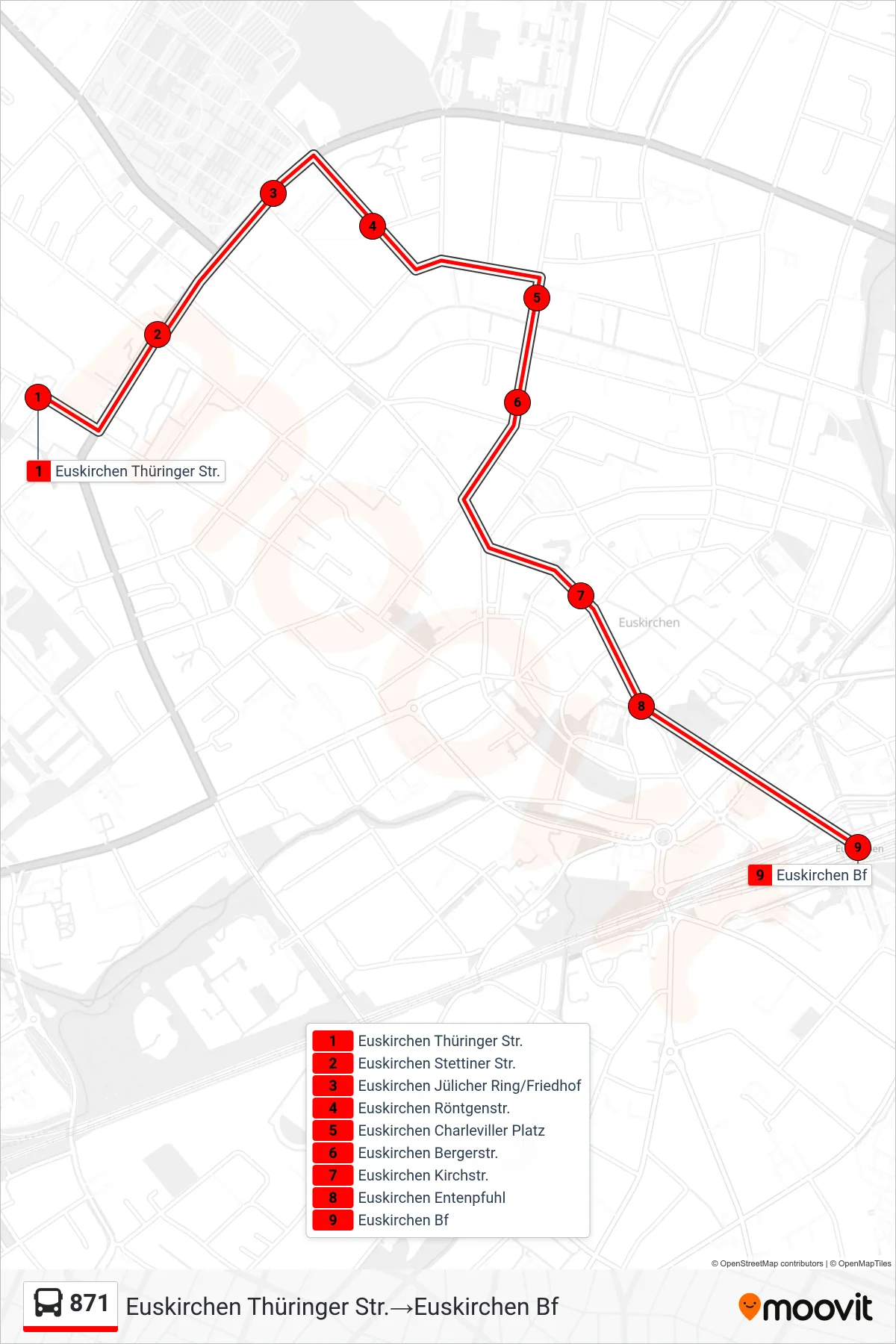 871 bus Line (Euskirchen Thüringer Str.→Euskirchen Bf) route and stops on a map